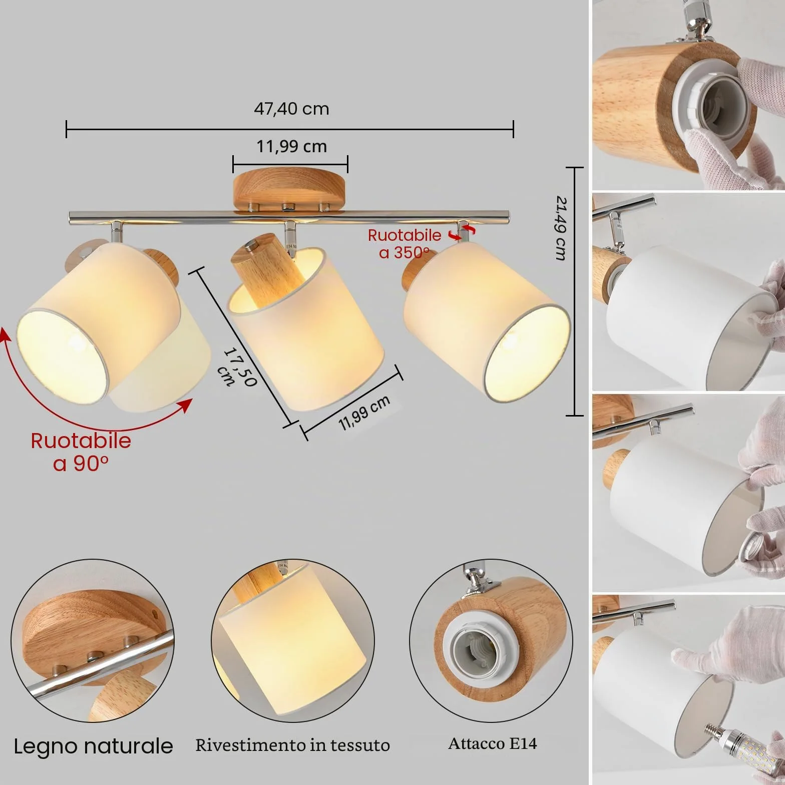 SANSHI faretti led soffitto in 3 punt，lampadario legno regolabile, Base E14 230V moderna Luce a parete,faretti soffitto per interni soggiorno, camera da letto, sala da pranzo (senza lampadine)
