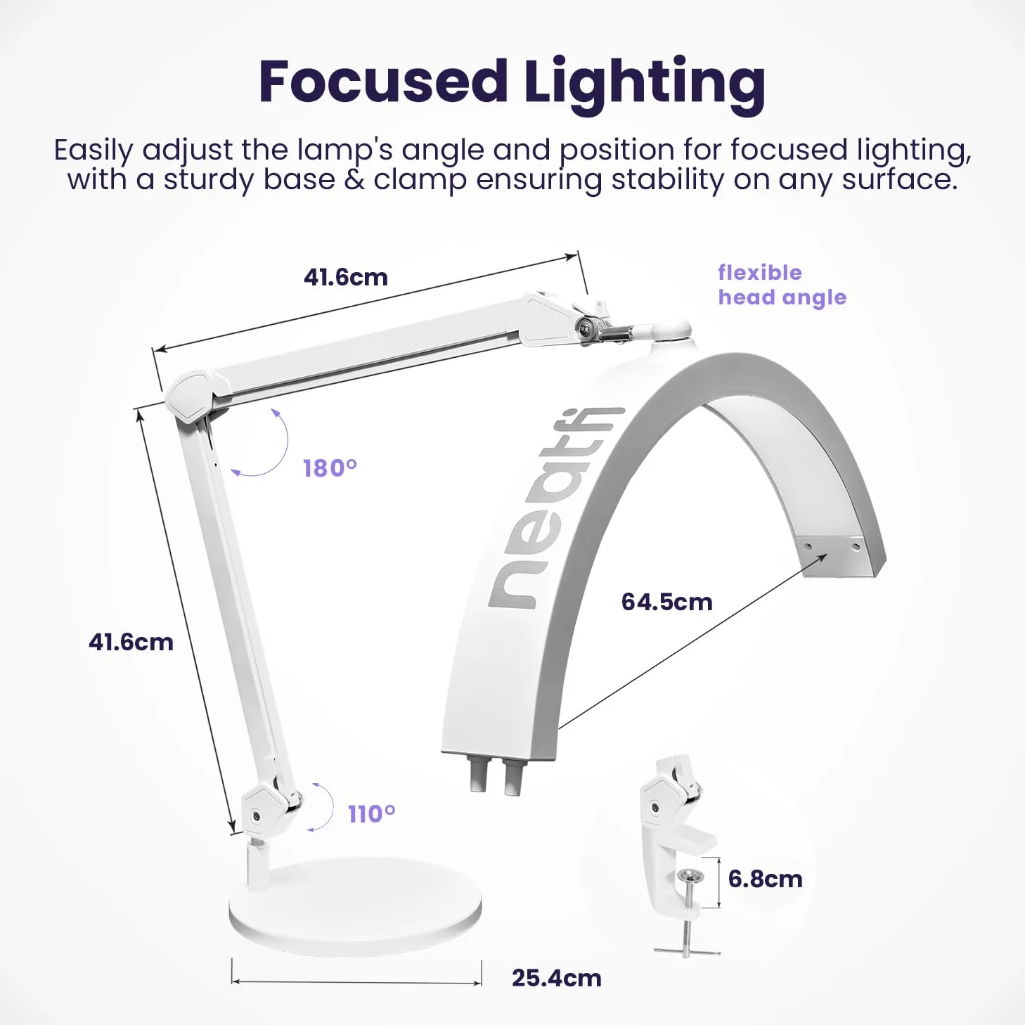 Neatfi Lampada da Tavolo con Braccio Oscillante a Mezza Luna, Illuminazione LED Professionale per Estetisti, 2500 lumen, 5 modalità, ideale per Nail Art (CCT con Base e Morsetto, Bianco)