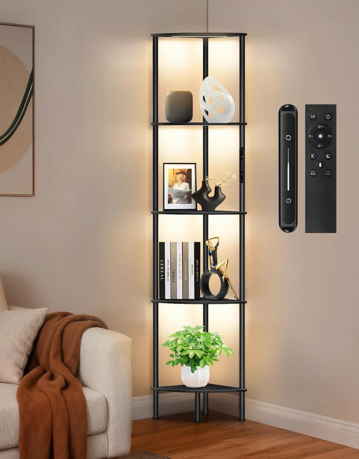 Lampada da Terra LED con Libreria Angolare a 5 Ripiani, Dimmerabile con Touch e Telecomando, 3 Temperature di Colore, Scaffale ad Angolo in Legno per Soggiorno, Camera da Letto e Ufficio
