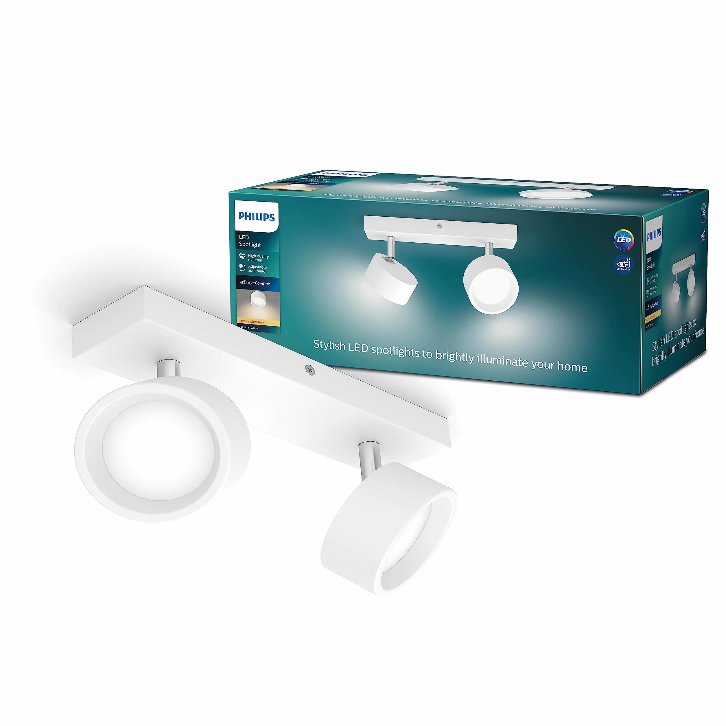 Philips LED Lampada a Faretto Bracia, Luce Calda, 5.5W, 2 Punti Luce, Orientabile, Bianco