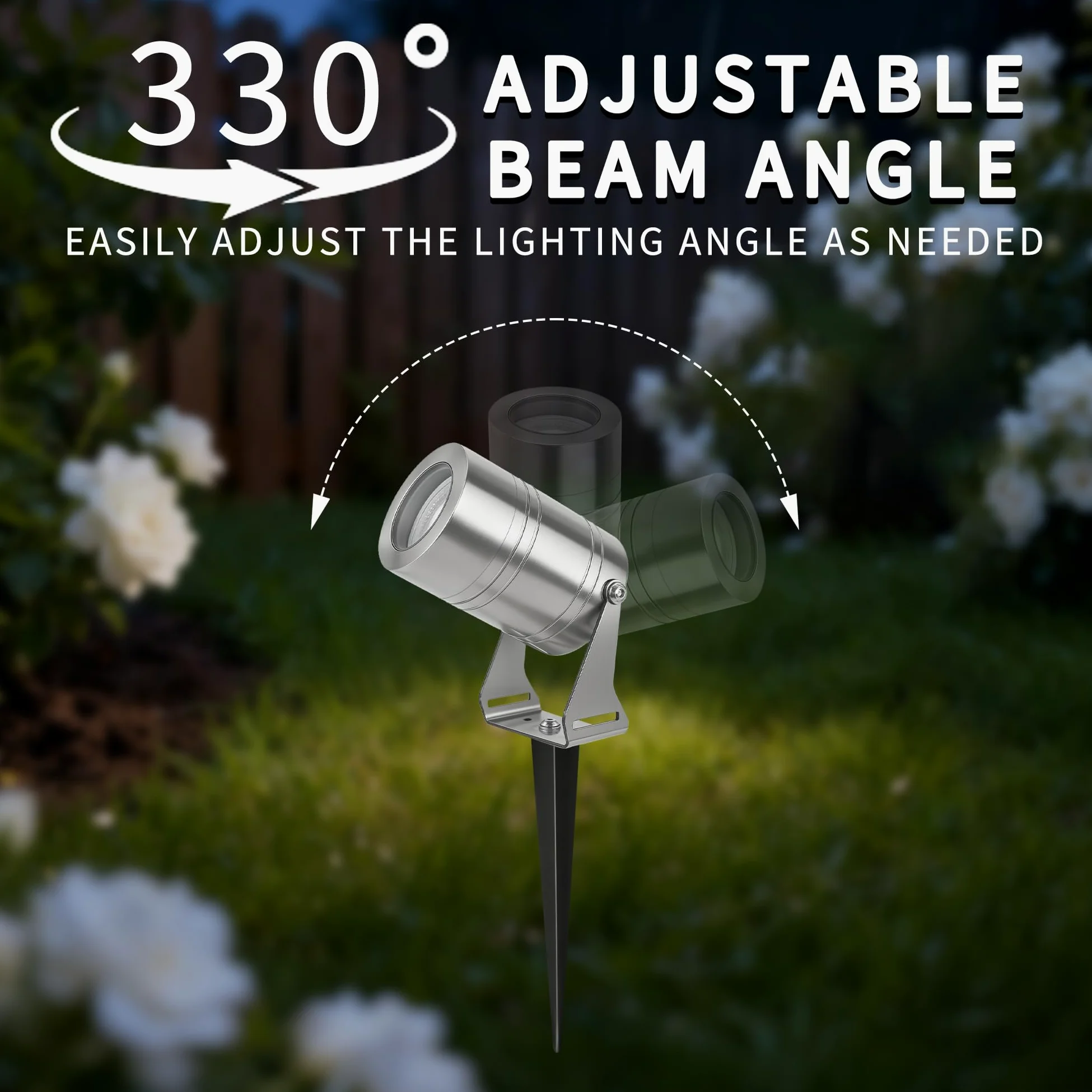 JNR Faretti da Giardino con picchetto da giardino, Argento (2) | Acciaio Inossidabile Faretti IP65 Impermeabile, con Cavo da 2 M e IP68 Connettori, 230V GU10 5W 3000K LED Lampadina Inclusa