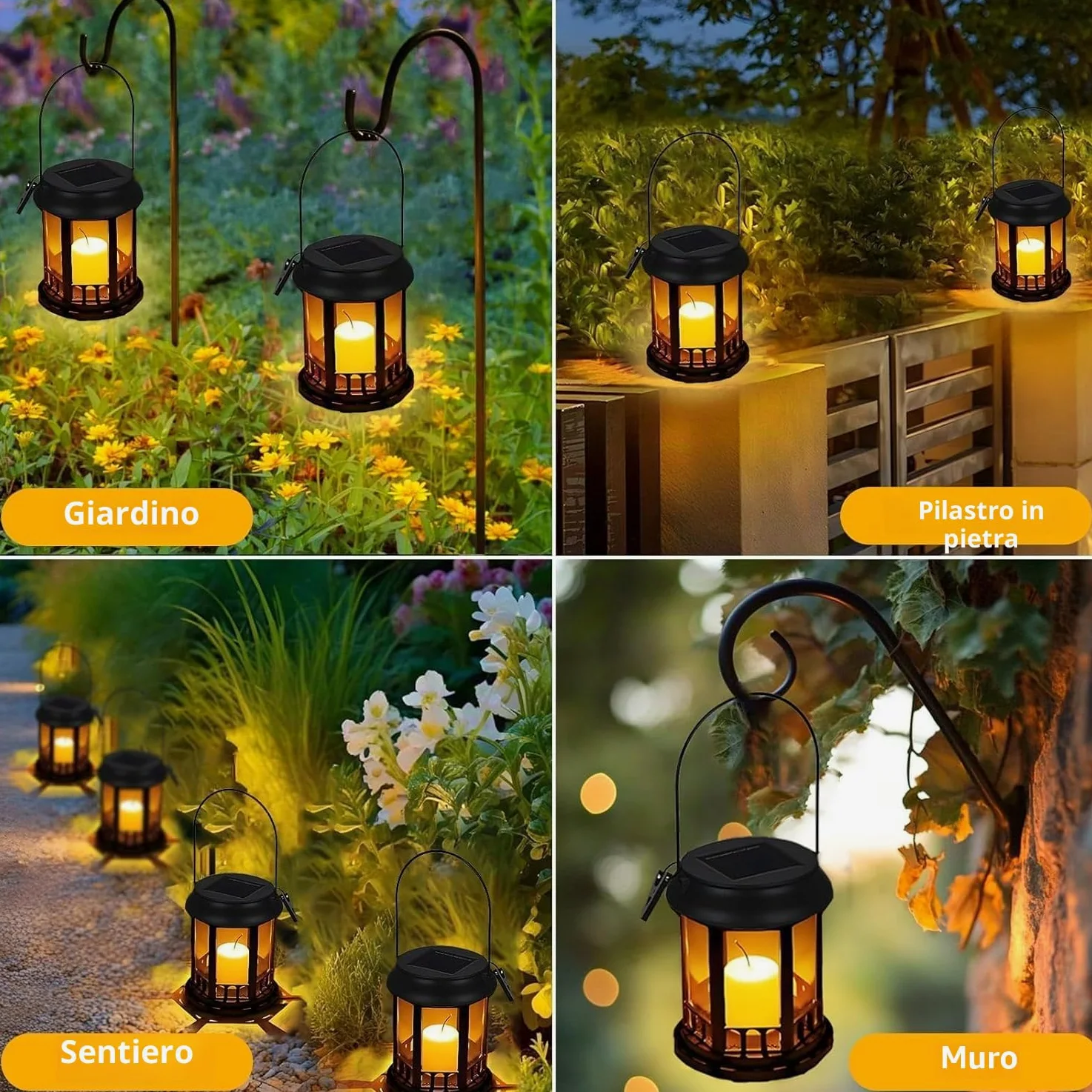 Yowin Lanterne da Esterno 4 Pezzi Grande Lanterna Solare da Giardino con Candele, Lampada Solari da Appendere Impermeabile Lampade da Tavolo per Arredo Terrazzo Balconi Decorazioni - Nero