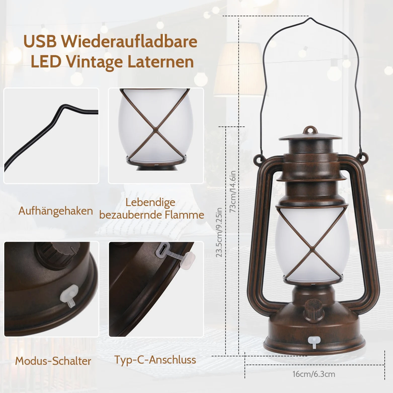 Shinmax Lanterne per esterni, 2 pezzi, in stile retrò, per esterni, vintage, effetto fiamma, da appendere, USB, per esterni, resistente alle intemperie, con telecomando
