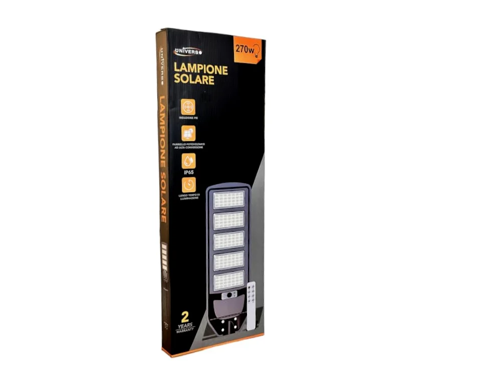 UNIVERSO J02-270W-F LAMPIONE STRADALE LED 270W EQUIVALENTI CON PANNELLO SOLARE FOTOVOLTAICO E SENSORE DI MOVIMENTO IP65 2700 LUMEN