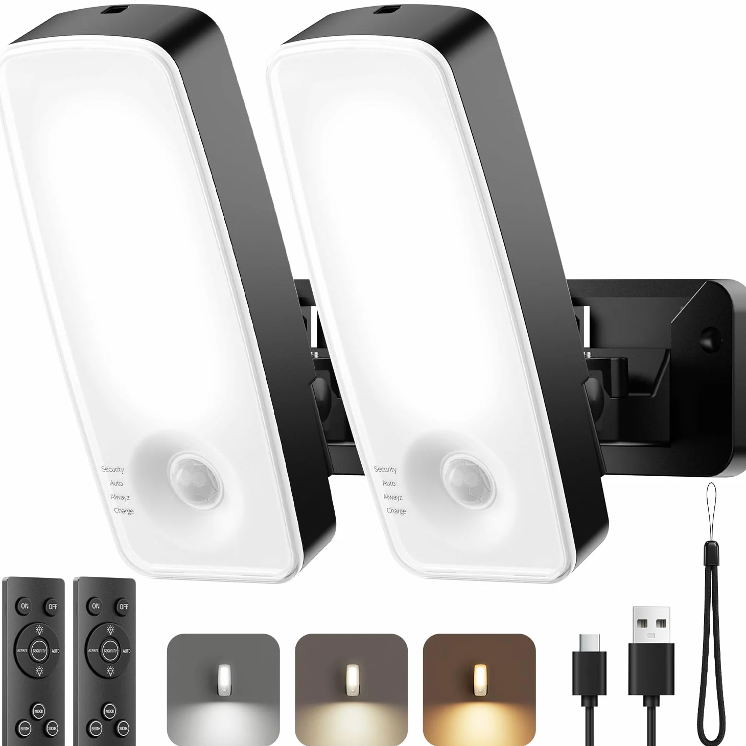 Tanbaby Lampada da esterno con rilevatore di movimento, Batteria 12000mAh Ricaricabile, IP65 Impermeabile 600LM 3 modalità, 3 colori, Faretto LED da Esterno per Veranda, Garage, Parete, Giardino