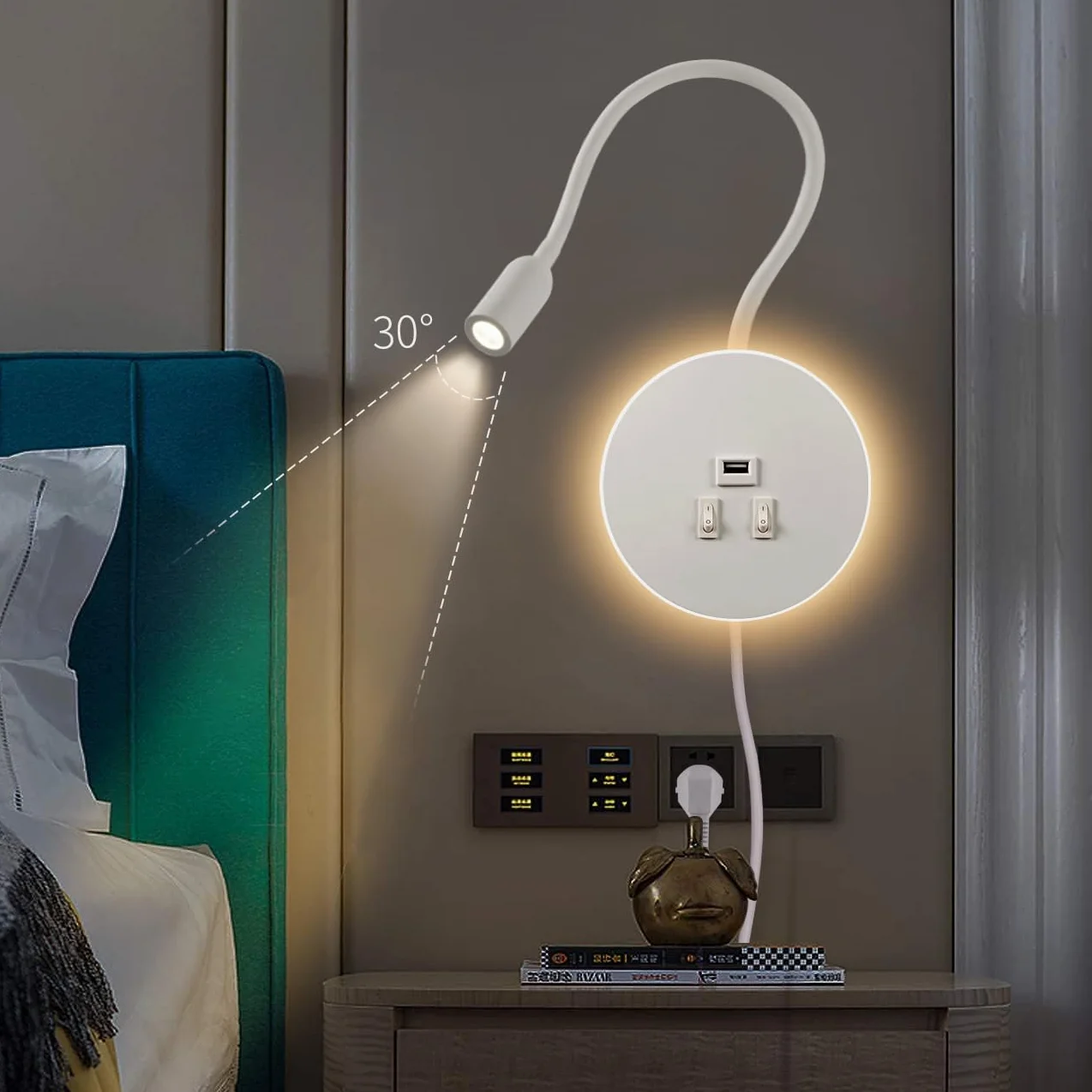Lampada da Parete a LED,Lampada da lettura flessibile da comodino a collo di cigno,con Porta di Ricarica USB,Luce ambiente camera da letto Luce notturna Faretto (3W 3000K+8W 6000K)Spina,Bianco