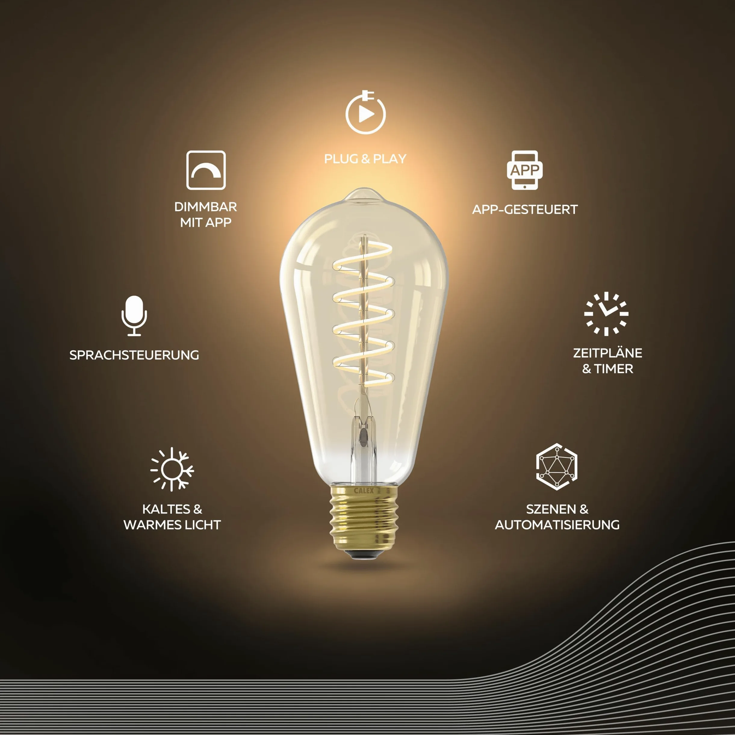 CALEX Lampadina LED Smart, E27, ST64, Filamento Oro, luce calda, Dimmerabile, controllo app Wi-Fi & vocale, Confezione da 3