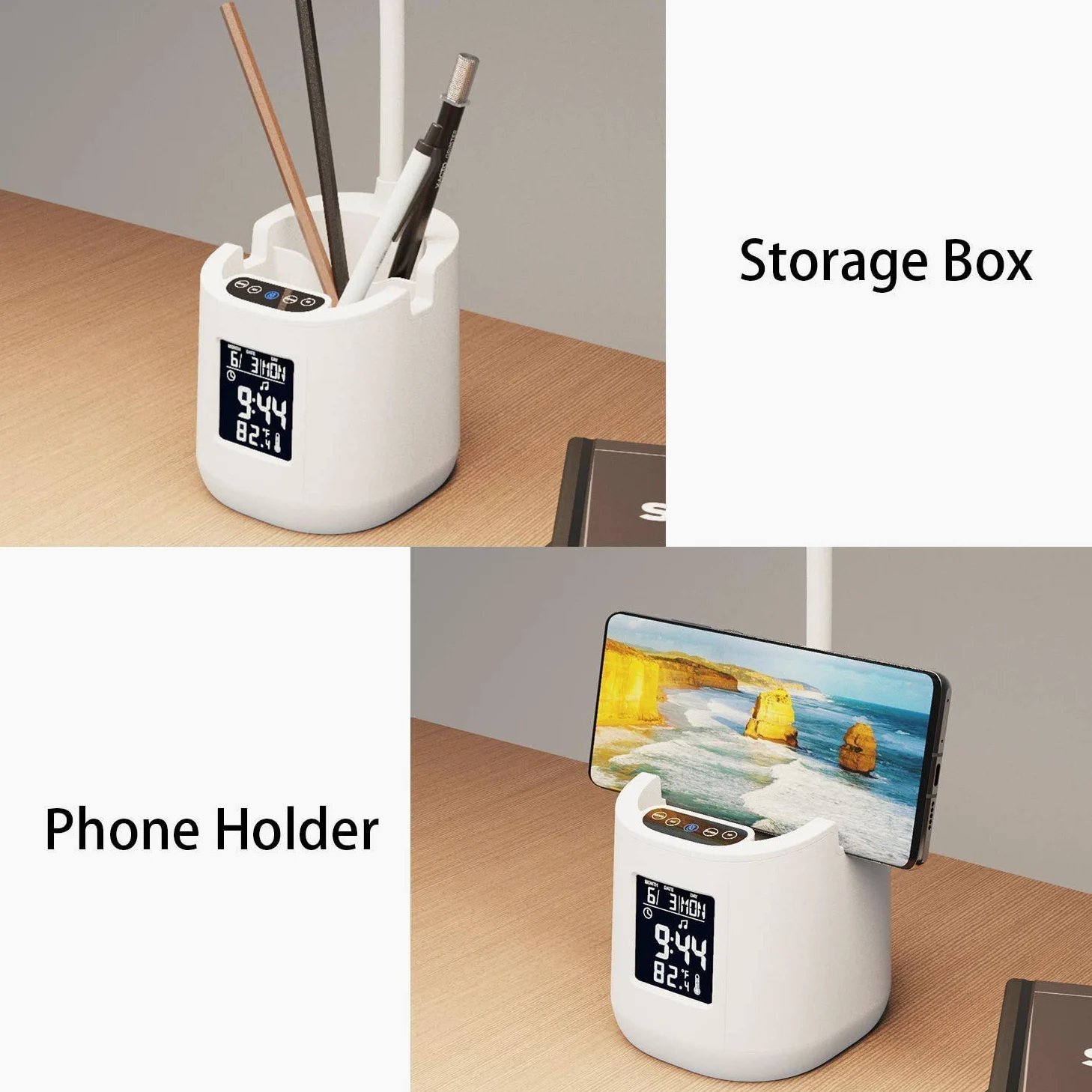 Lampada da scrivania a LED, DORSION con sveglia con ricarica USB, Lampada da scrivania per bambini con portamatite