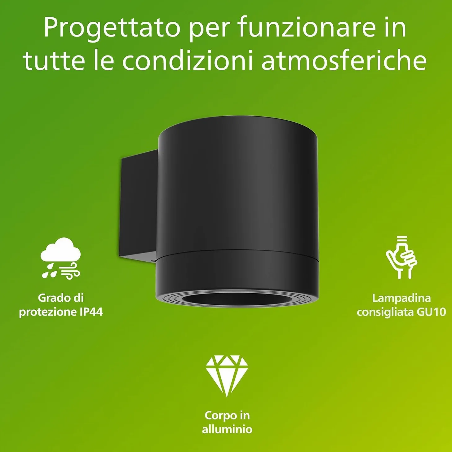 Philips Fylx Applique da Esterni + Lampadina LED GU10, Luce Bianca Calda, Resistente a Intemperie IP44, Durevole, Alluminio, Design Moderno, Nero