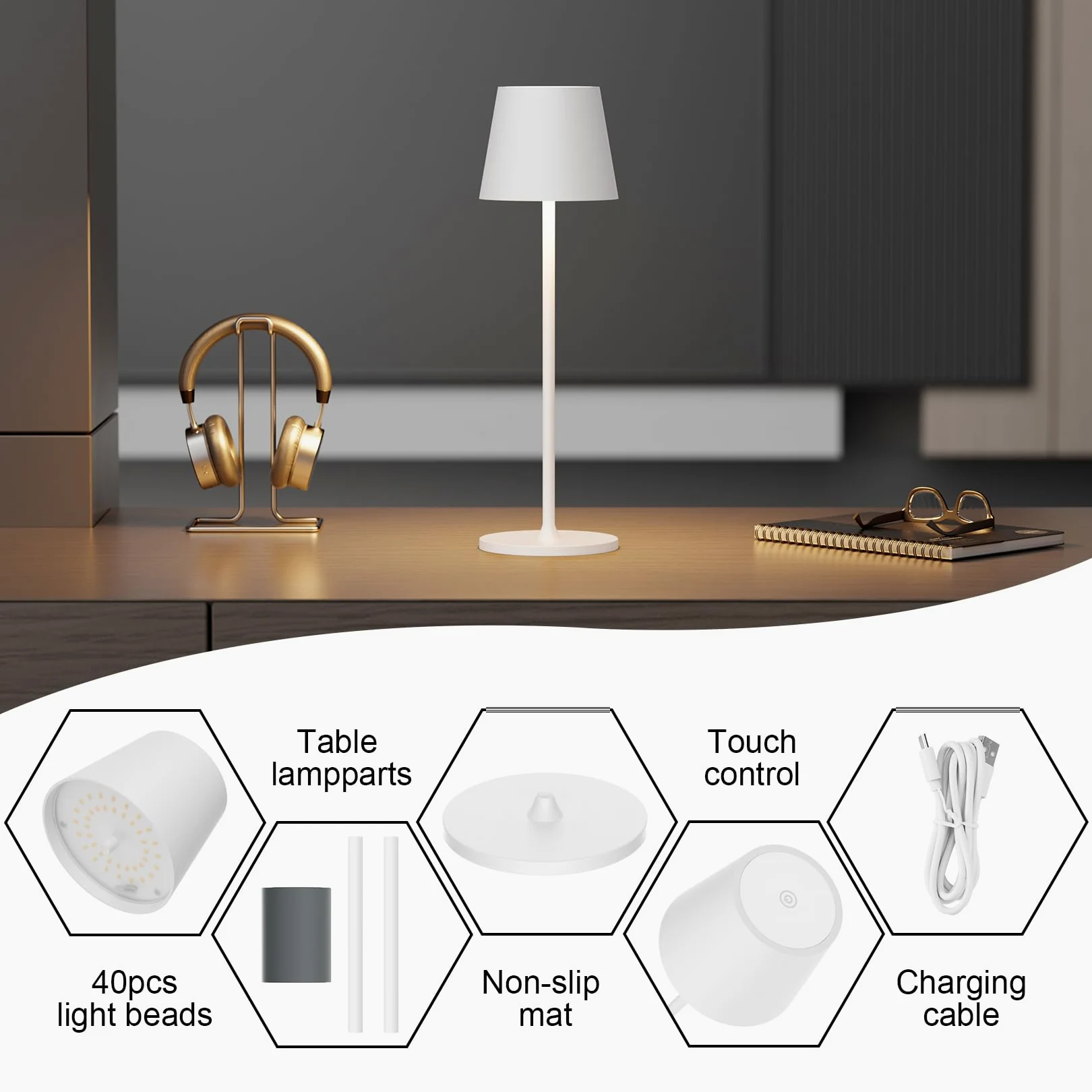 Lampada da tavolo ricaricabile a LED, 2 pezzi, 3000 K, lampada da tavolo dimmerabile, IP54 regolabile in altezza per uso interno ed esterno, bianco