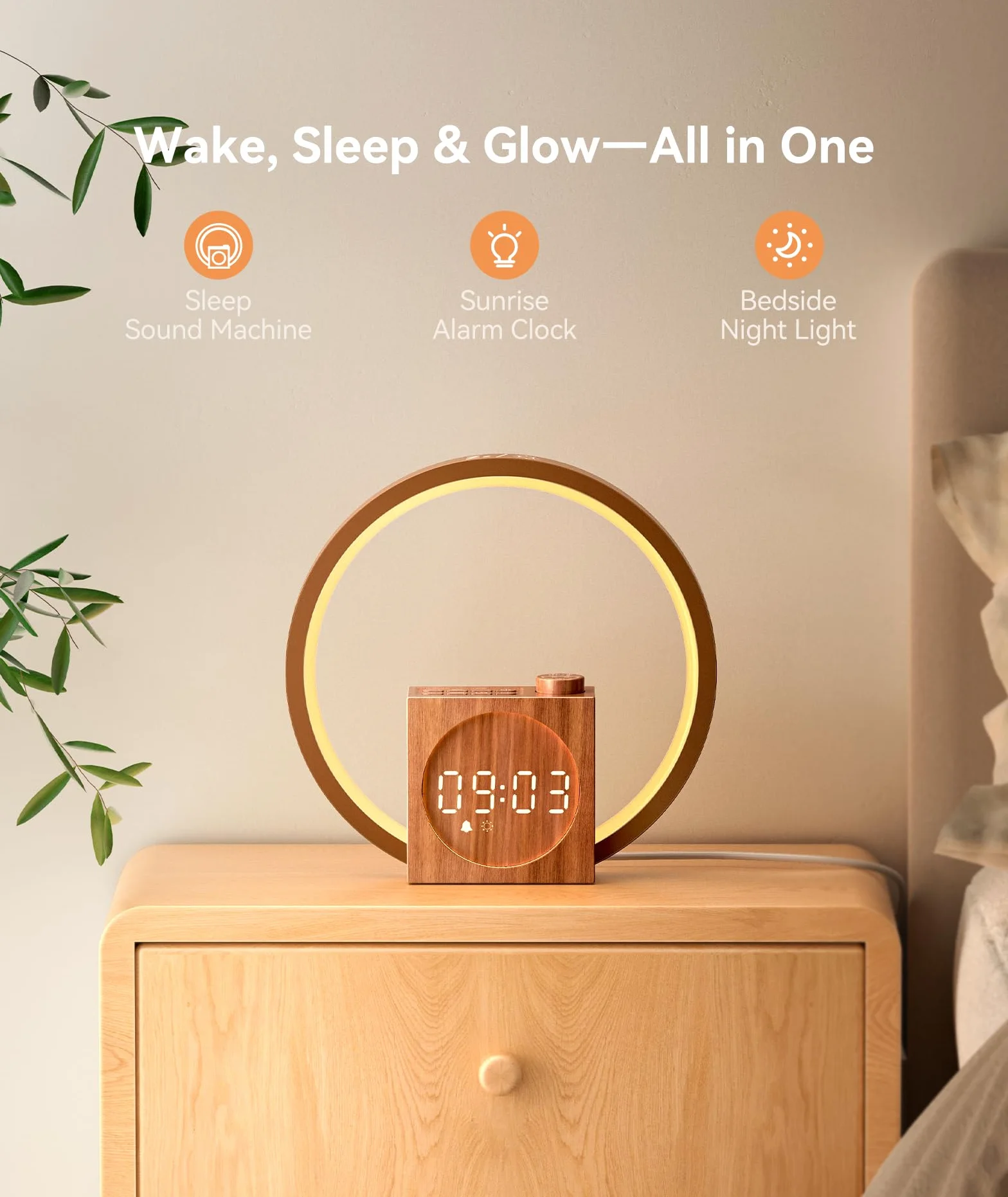 Dreamegg Lampada da Comodino con Sveglia - Sunrise Alarm Clock con 20 Livelli di Iuminosità, 12 Modalità di Illuminazione, Controllo Tattile, Aiuto Sonno per Neonati e Adulti, 25 Suoni Rilassanti