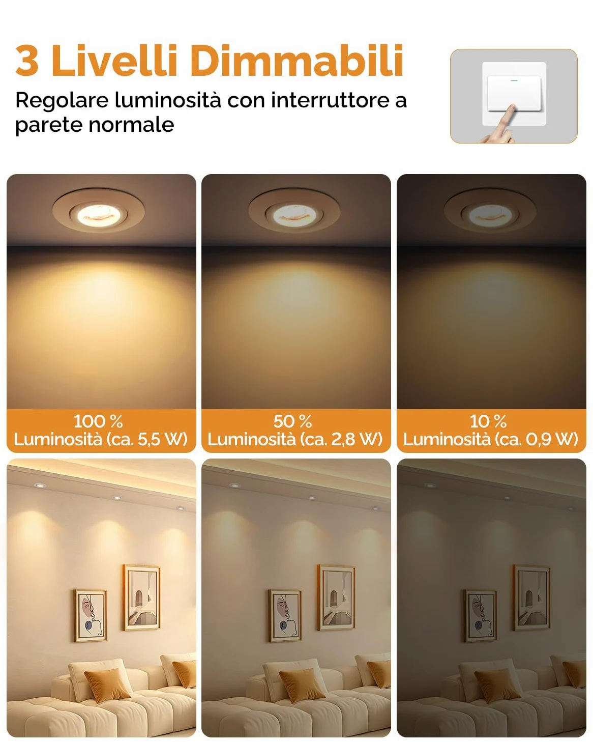 wowatt Faretti LED da Incasso per Cartongesso Dimmerabili 5.5W, Set di 12 | 600LM Luce Calda 2800K Luci da Soffitto Interno Orientabili, IP44 Luci da Soffitto Interno Ultrasottili per Bagno, Foro 68mm