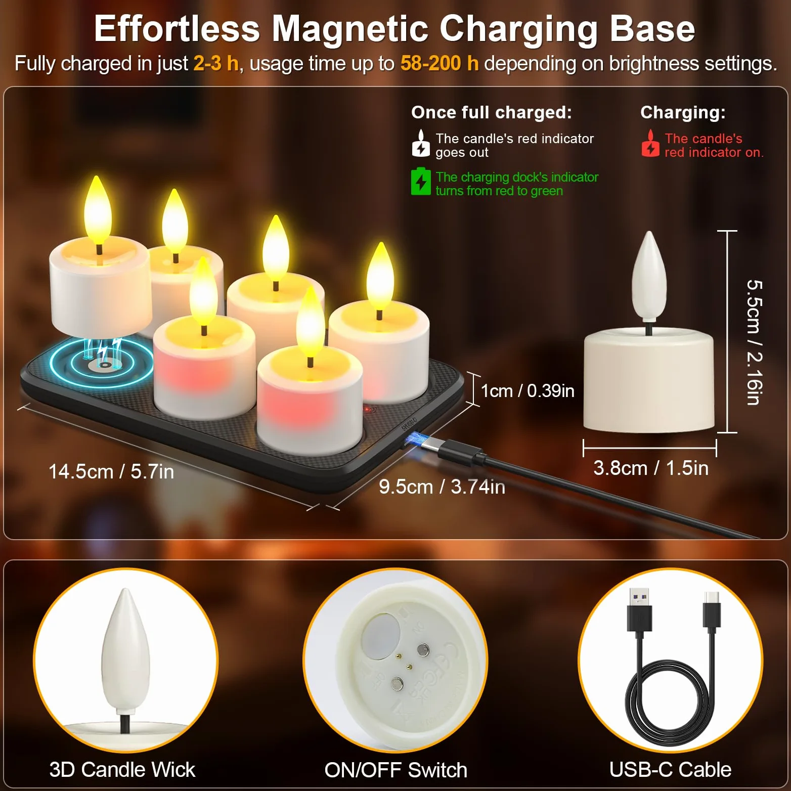 PChero Candele da tè ricaricabili con stazione magnetica, confezione da 6 candele elettriche senza fiamma a LED tremolanti con timer remoto per esterni, impermeabili, per casa, camera, bagno, giardino