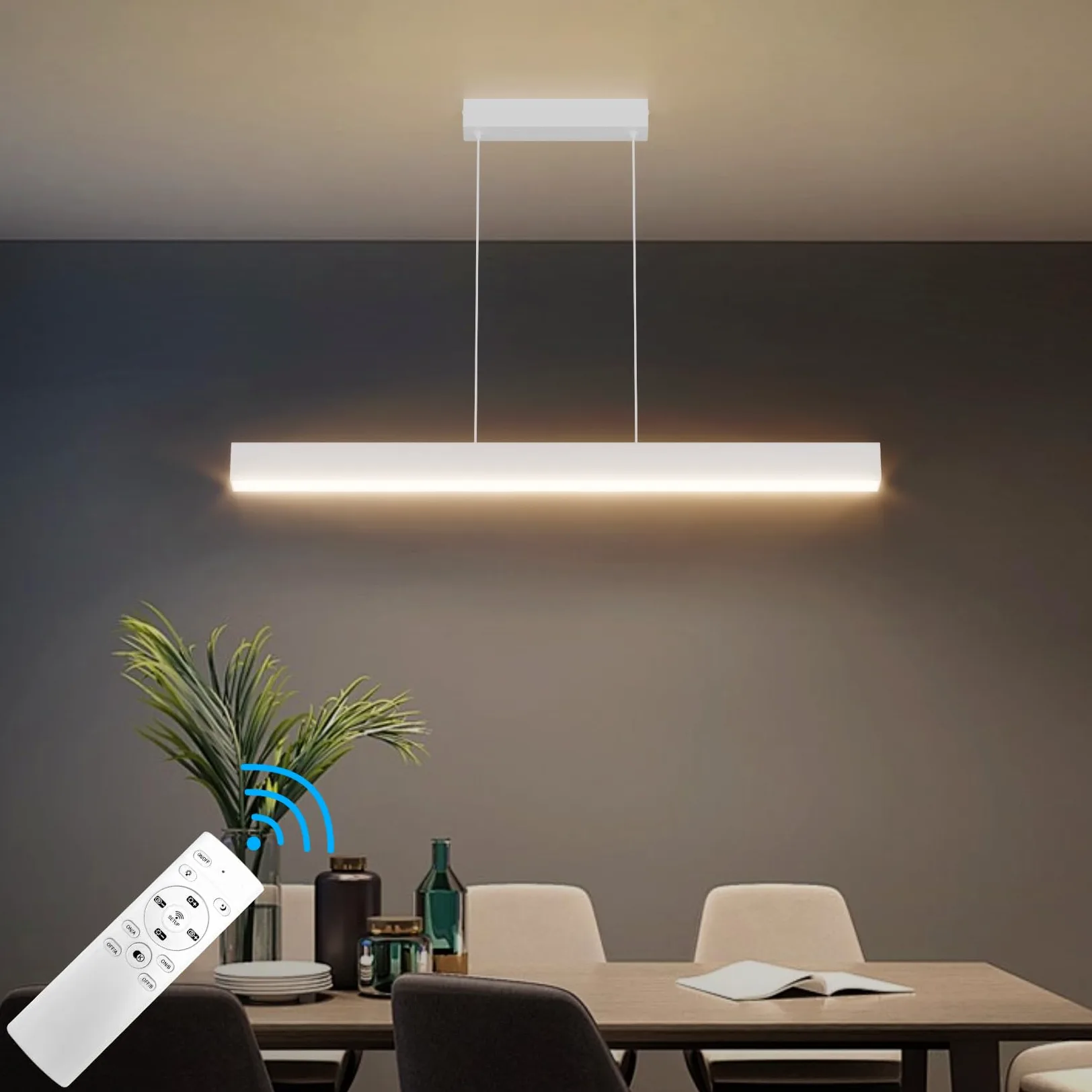 Klighten Led Lampada a Sospensione Da Tavolo Da Pranzo 80cm/24W, Dimmerabile 3000K-6000K Moderna Luce a sospensione Con Telecomando, 150cm Moderna Lineare Regolabile,per Cucina Soggiorno, Bianco