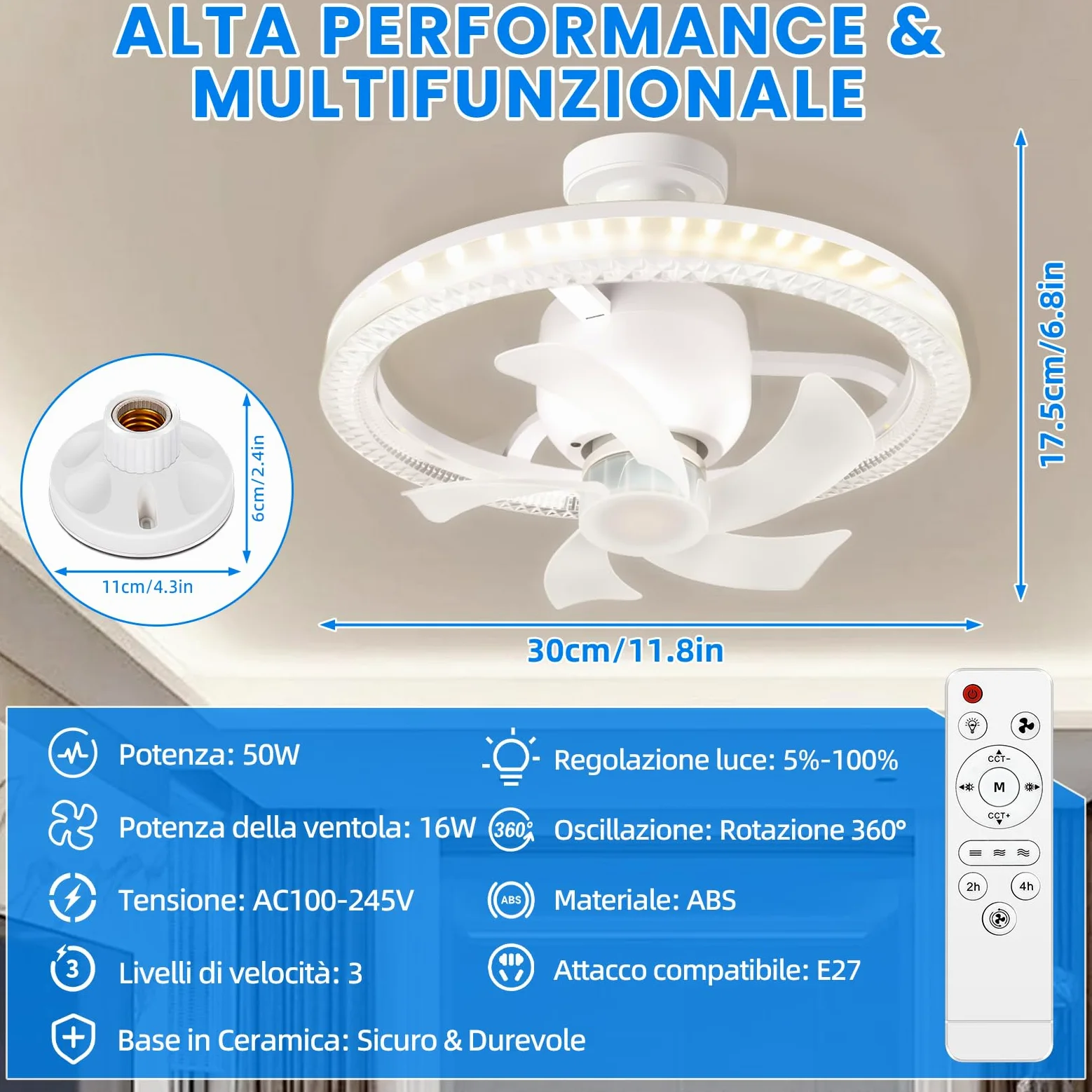 YOOHBERRYS Ventilatore da Soffitto Con Luce e Telecomando, Piccolo Lampadario con Ventilatore da Soffitto, E27 Plafoniera Ventilatores Soffittos, 360 Rotazione, 3 Velocità e Timer(30cm*17.5cm)