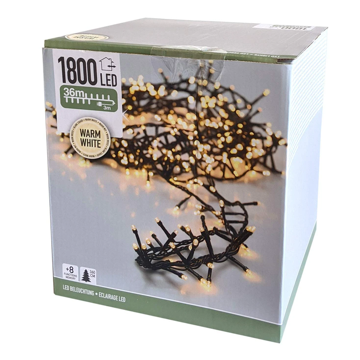 Catena luminosa a grappolo 1800 LED 36m LED bianco caldo, 8 effetti di luce, illuminazione interna ed esterna, illuminazione esterna per albero di Natale