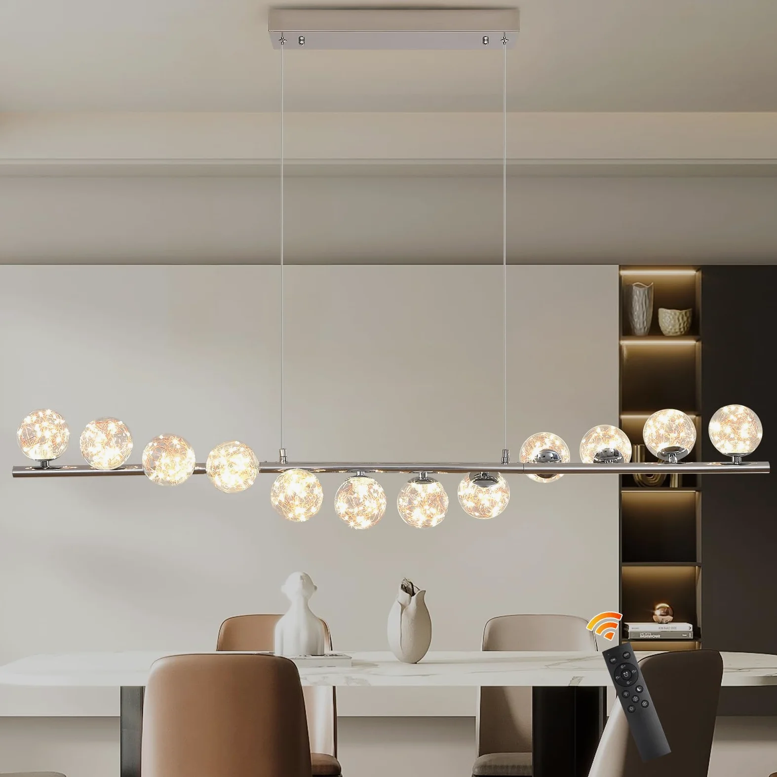 GEADI LED Lampadario Cromato, 120CM Lampada a Sospensione Moderna per Tavolo da Pranzo con 12 Globi di Vetro, Plafoniere a Soffitto Regolabile, Lampadari Lungo per Sala da Soggiorno, Cucine, Salotto