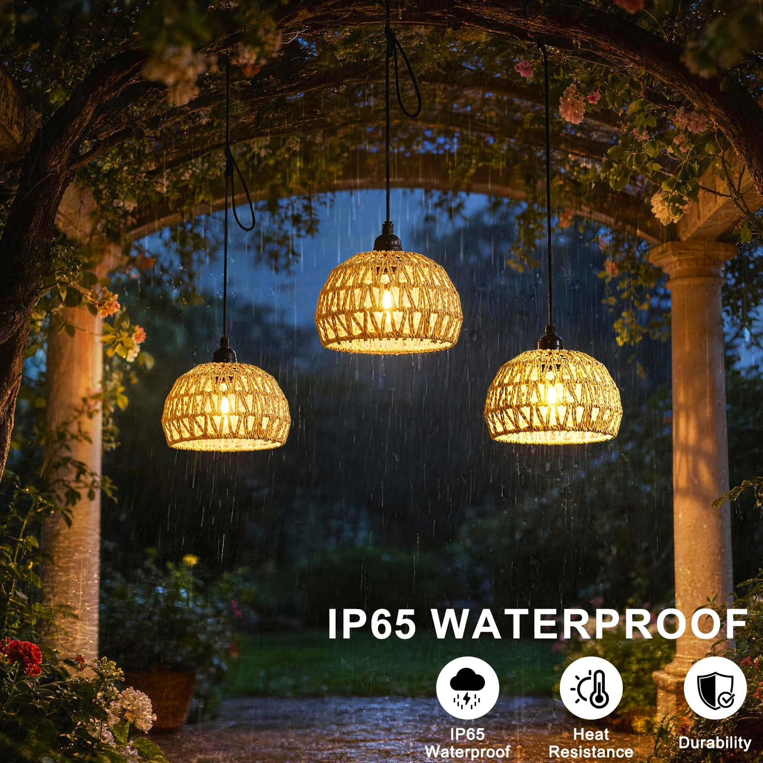 Lightess LampadariLightess 3x Lampadario con Batteria - Lampada a Sospensione Portatile Dimmerabile Telecomando, IP65 per Esterni e Interni, Stile Boho, per Giardino, Terrazza, Tavolo (Senza Fili)