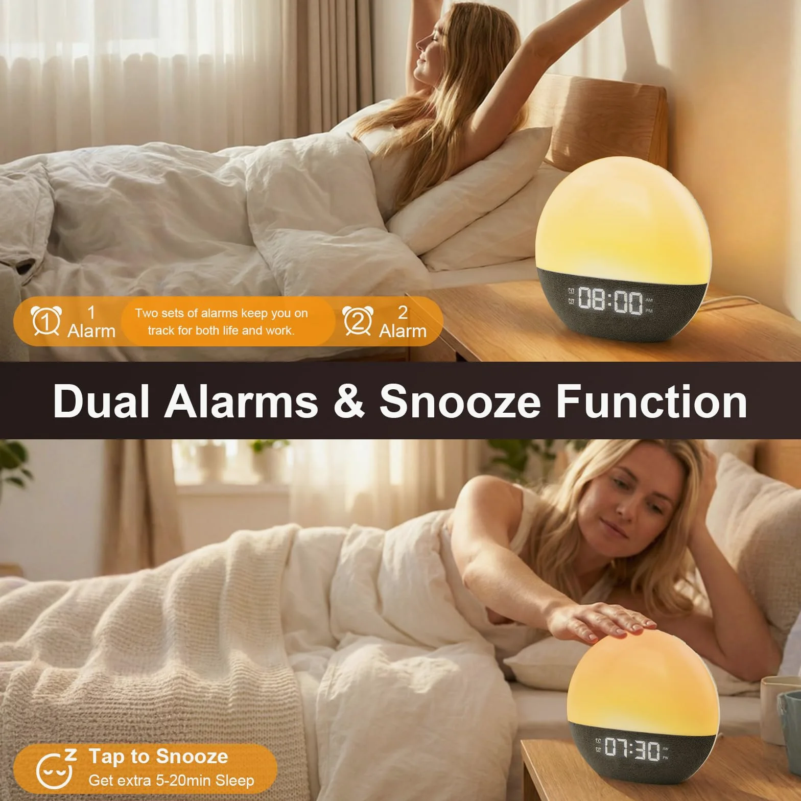 Sunrise alarm clock,Wake Up Light,Luce Sveglia da Comodino,Sveglia alba,Sveglia Simulazione Dell'alba,20 Luminosità,10 Colori,24 Suoni Naturali,Funzione snooze,Radio FM,Per Adulti e Bambini