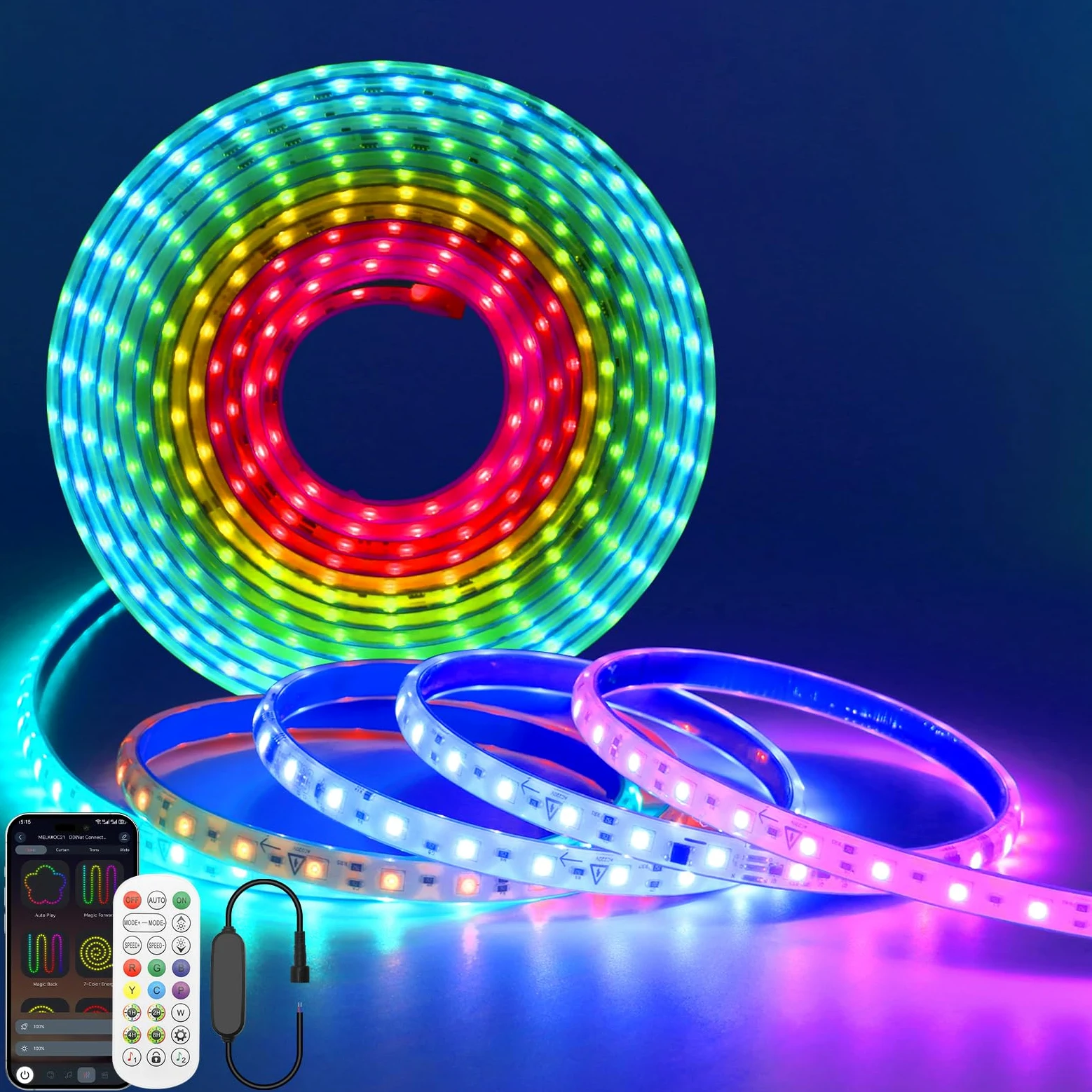 220V Striscia LED RGBIC cangiante con musica Bluetooth [10M], flessibile e impermeabile IP65, SMD3535, 60 LEDs/m striscia LED in silicone CRI85+, decorazione per casa e negozio