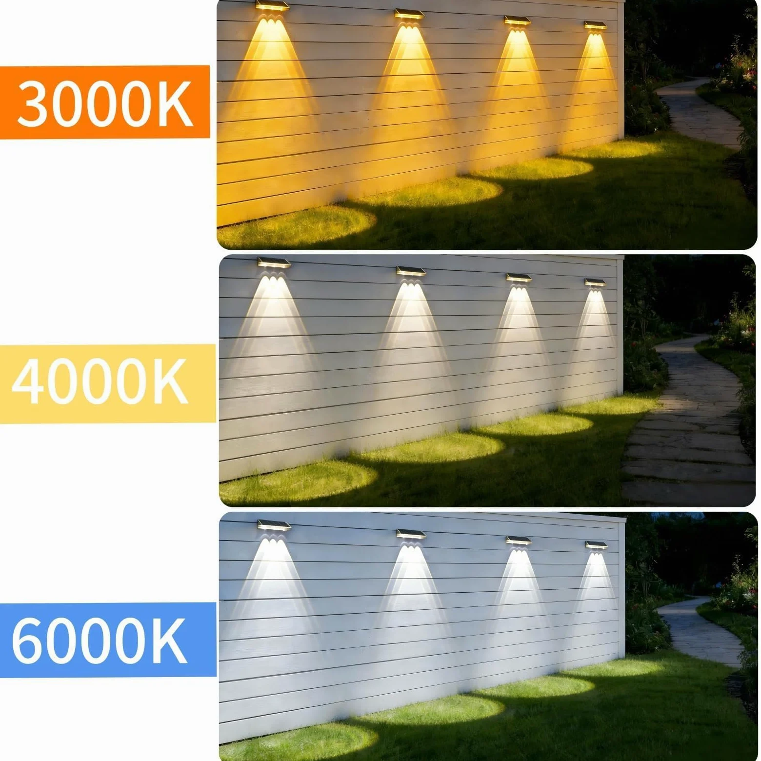 Luci Solare Muro Esterno Giardino, Lampada da Parete Solare, 3 Modalità di Temperatura del Colore, IP65 Impermeabile, Applique da Esterno Solari per Esterni Parete, Balcone, Recinzione, 4 Pezzi