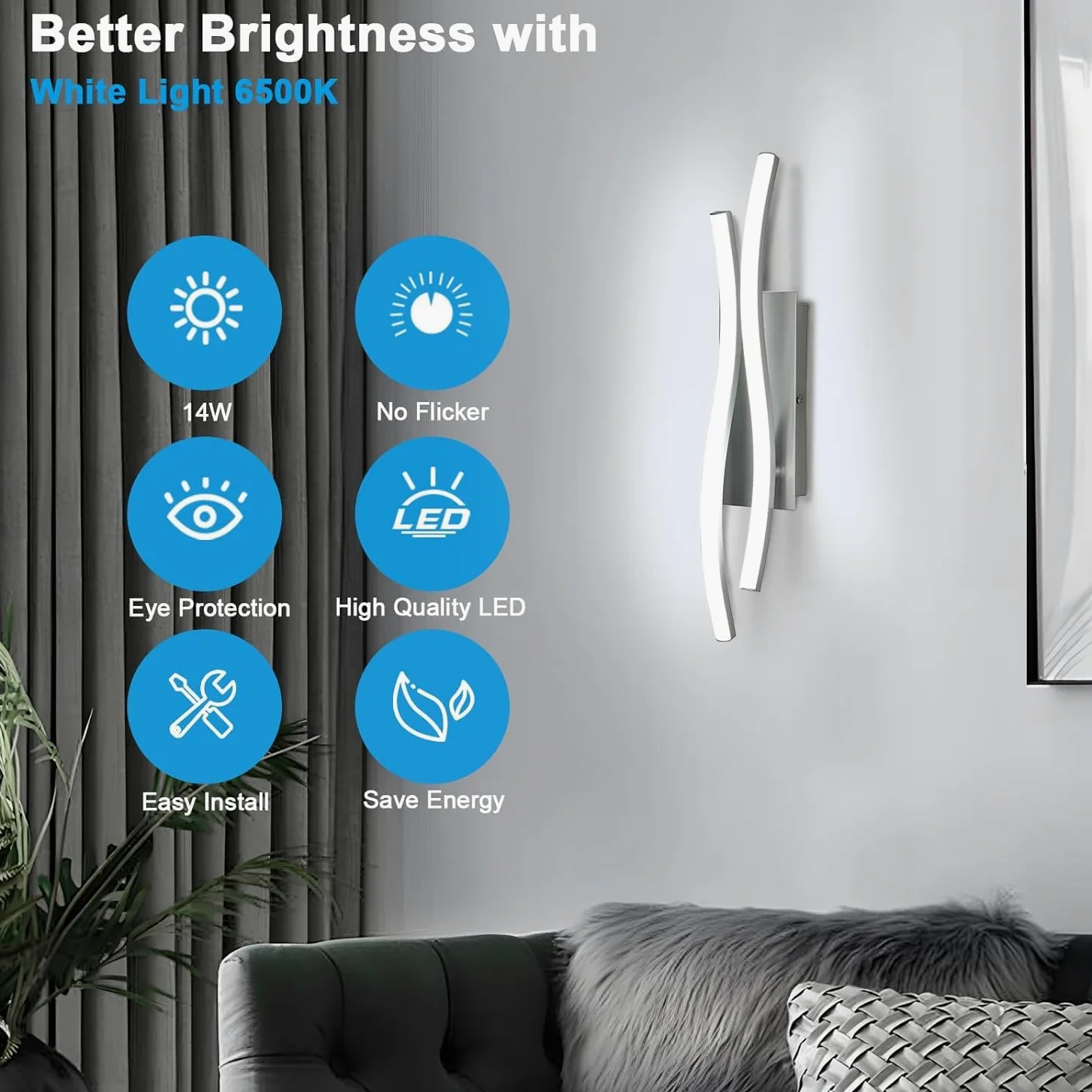 Comely 2 Pezzi Applique da Interno LED, 14W 1575LM Moderna Lampada da Parete per Interni, Lampada a Muro per Soggiorno Camera da Letto, Luce ianca 6500K, Argento, 41cm