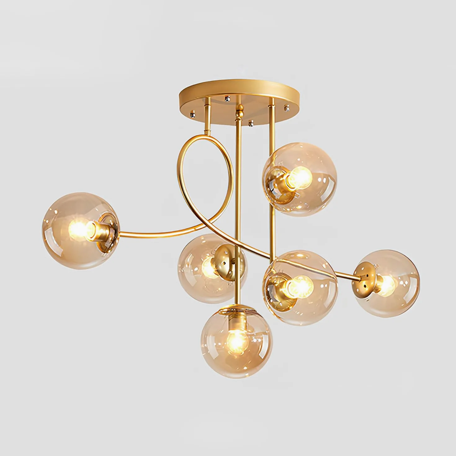 Lampadario moderno a soffitto E27 a 6 luci, lampadario a sospensione vintage in metallo con sfera di vetro E27 per camera da letto, soggiorno, cucina, loft, diametro 90 cm