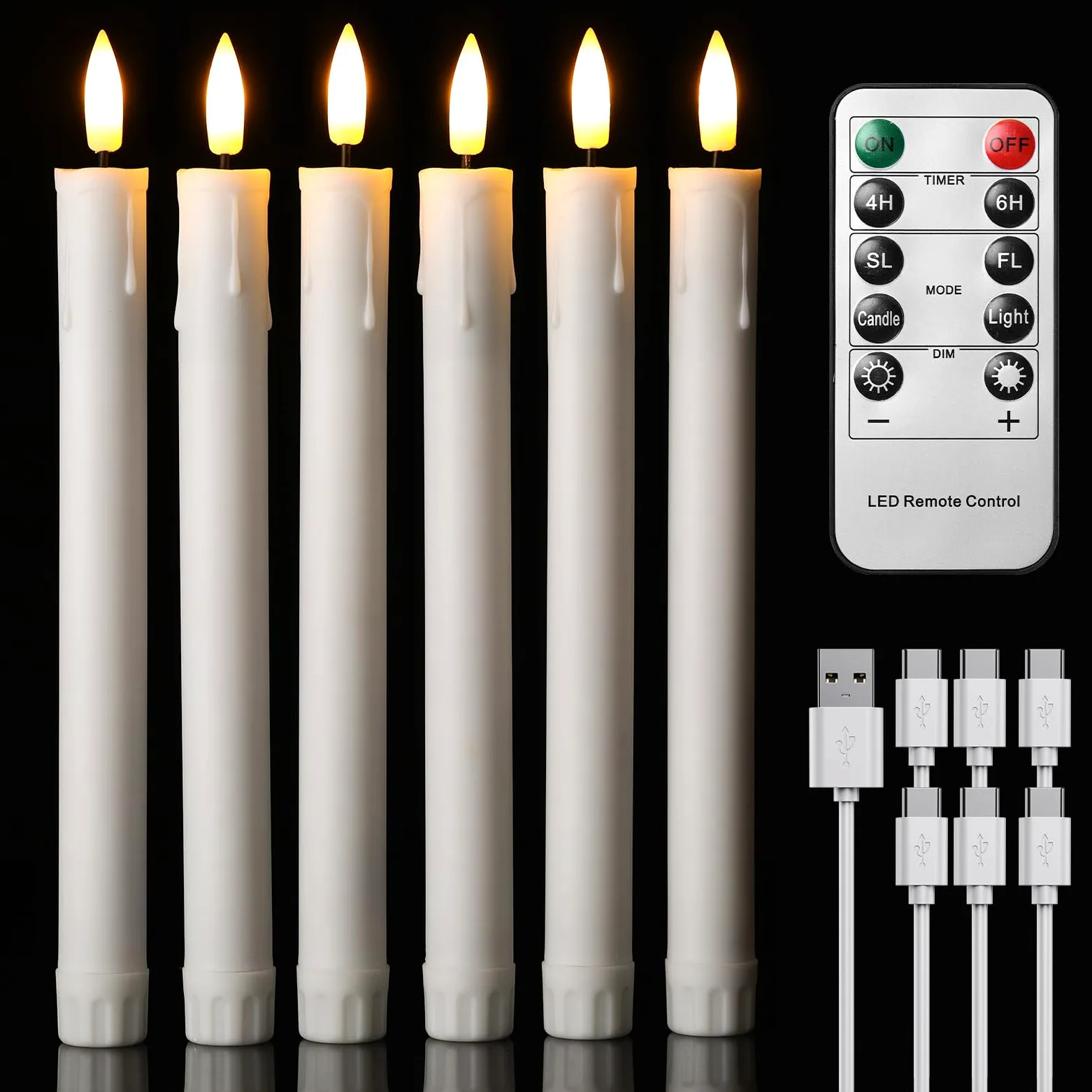 EXTSUD Set di 6 candele a LED a lunga durata, senza fiamma, con 2 telecomandi, candele per finestra a LED, ricaricabili, bianche, decorazione per Natale, matrimoni, feste, banchetti