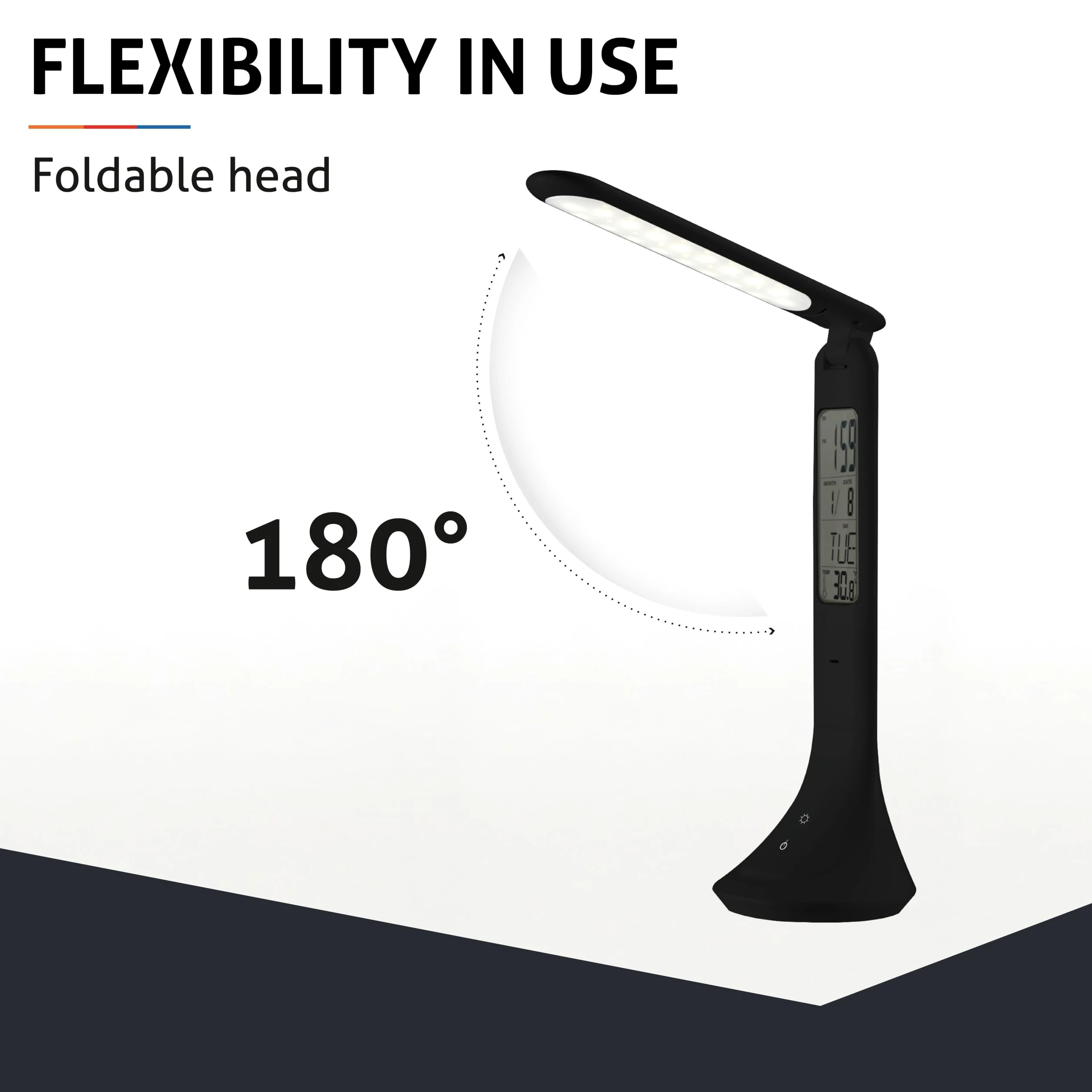 Calendar - Lampada da scrivania a LED, 5 W, classe di efficienza energetica A+ | Lampada da tavolo dimmerabile a 3 livelli con display LCD per ora, data e temperatura (nero)