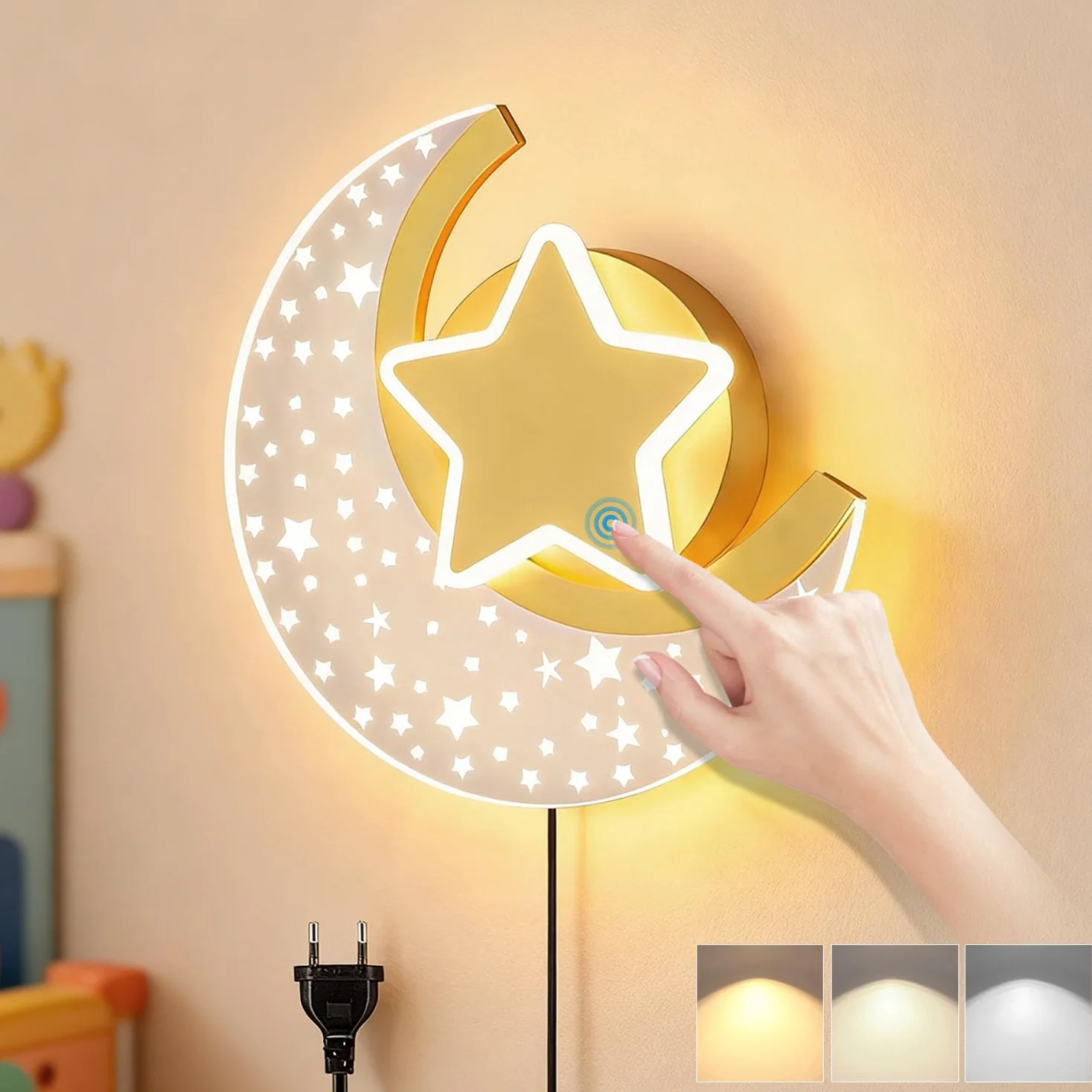Applique da Parete per Bambini con Interruttore e Spina Dimmerabile LED Lampada da Parete Luna con Controllo Touch Ragazza ragazzo Lampada da Comodino per Camera da Letto Vivaio Stanza illuminazione
