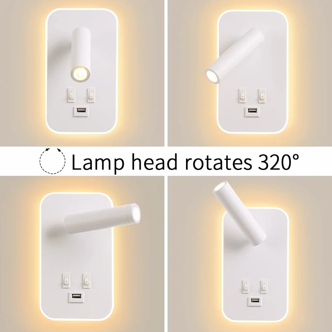 Lampada da Parete a LED, Lampada da Lettura da Comodino, con Porta di Ricarica USB, Faretto Regolabile con Luce Ambientale per Camera da Letto (3W 3100K+9W 6000K) Bianco