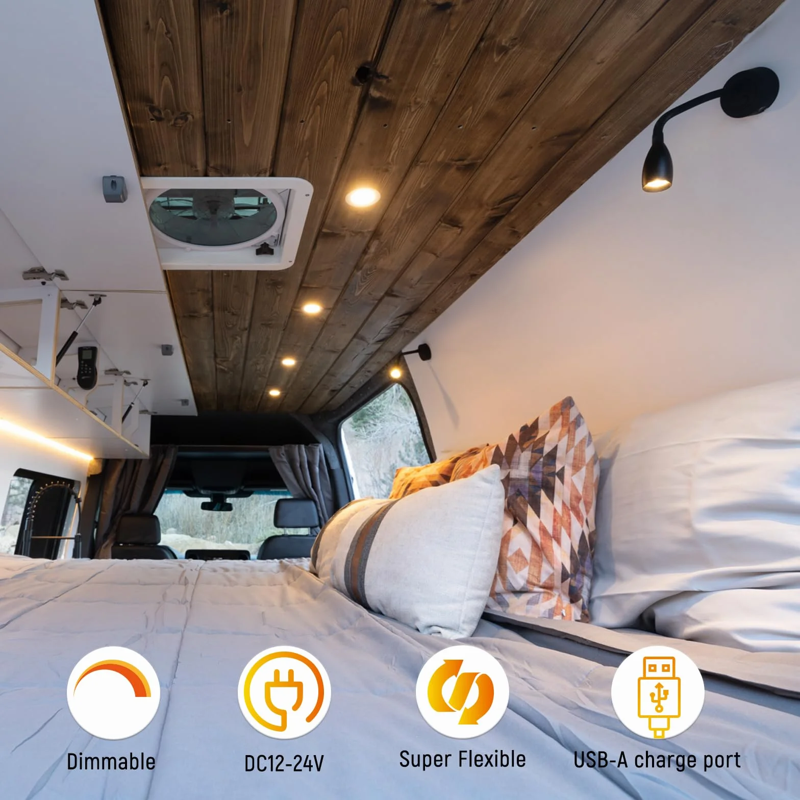 2 x Lampade da Lettura a LED 12V Dimmerabile Spot Camper Barca Lampada da Parete da Comodino 24V Flessibile a Collo di Cigno, Per Caravan Furgone, con Caricatore USB&Interruttore Dimmer
