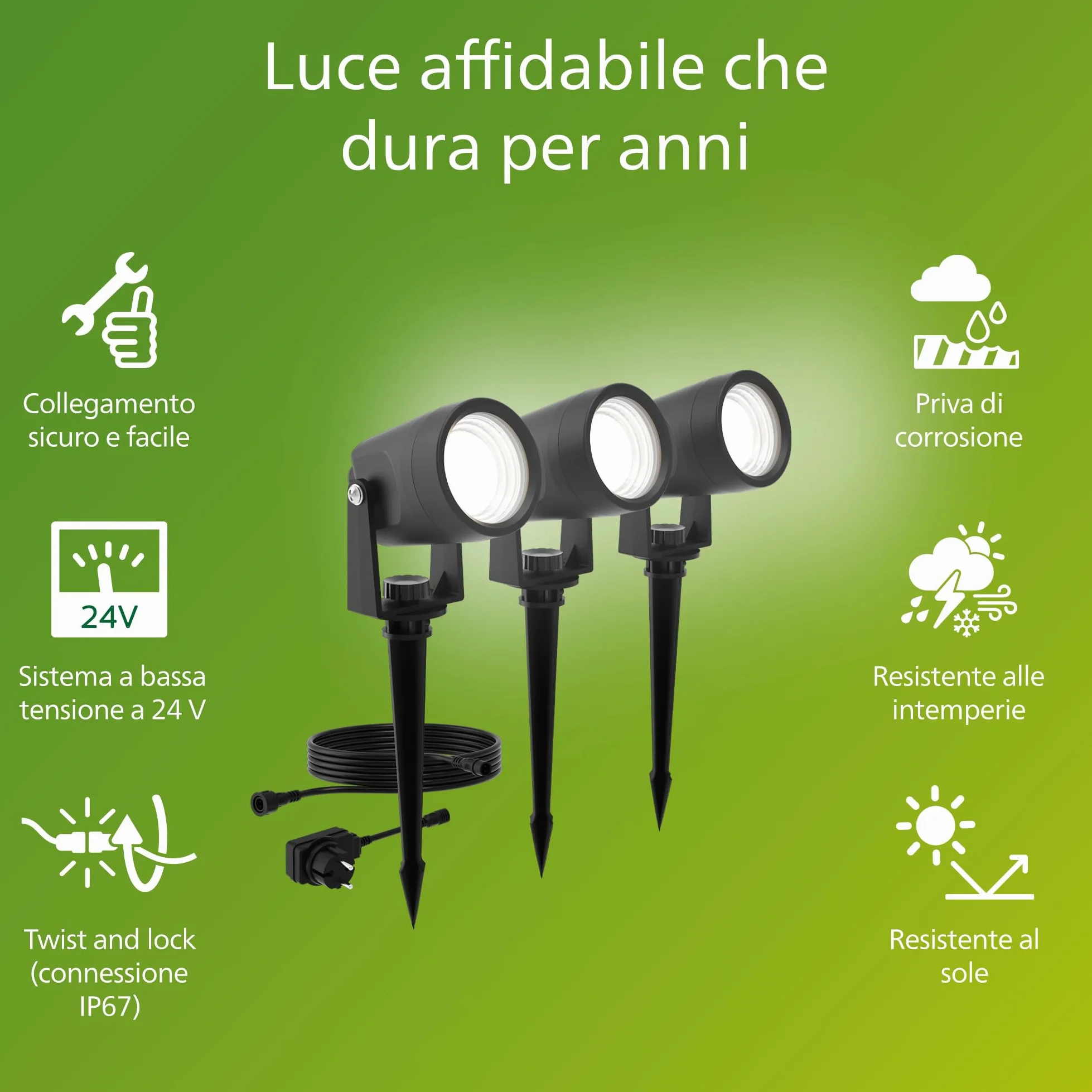 Philips GardenLink Reuel, Faretto per Esterni, 24 V, 2700 K, 180 lm, Nero, Starter Kit, Confezione da 3, presa UE