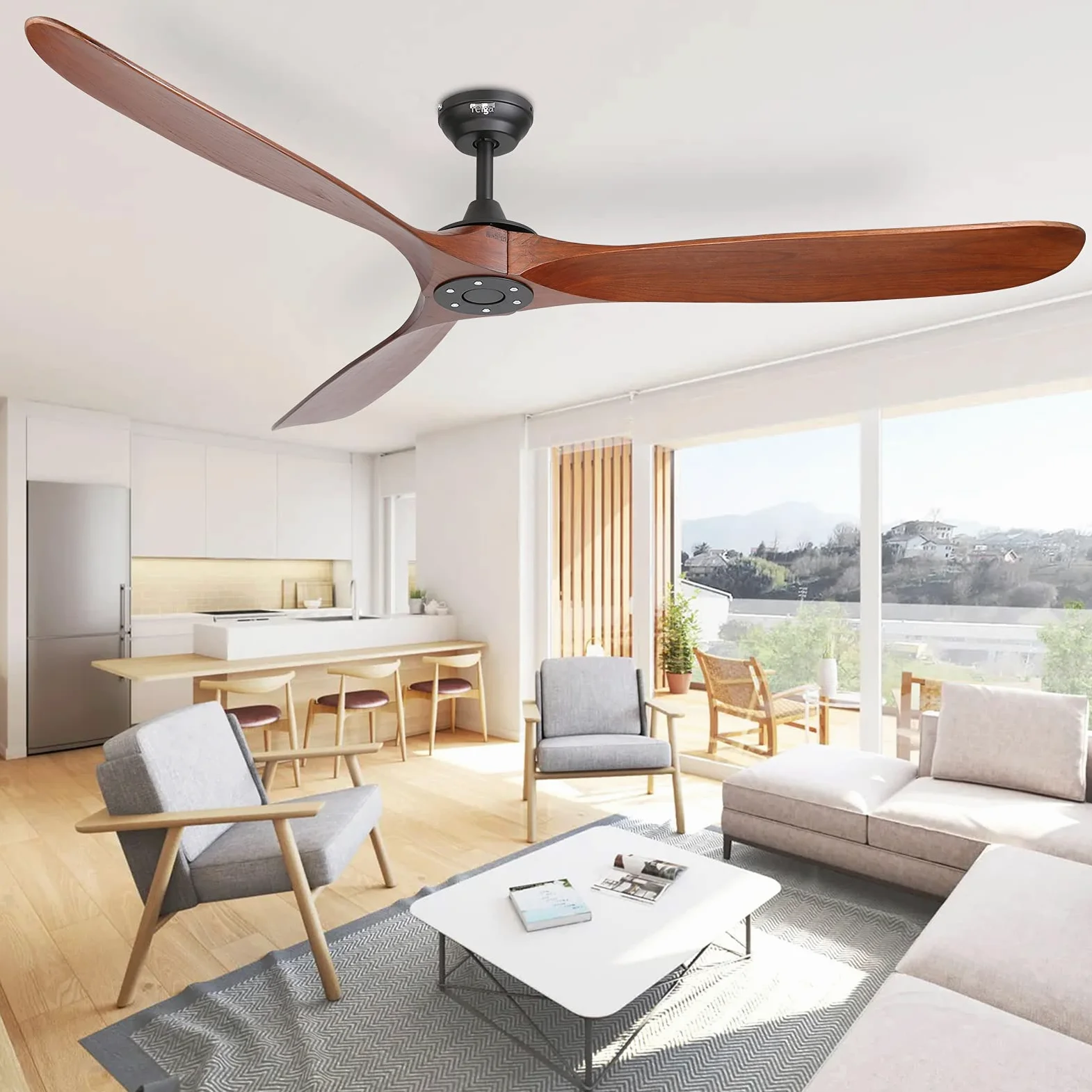 reiga 178 cm grande ventilatore da soffitto in legno intelligente senza luce, 3 pale per interni ed esterni, alta velocità d'aria, motore silenzioso, telecomando per soggiorno, veranda e portico