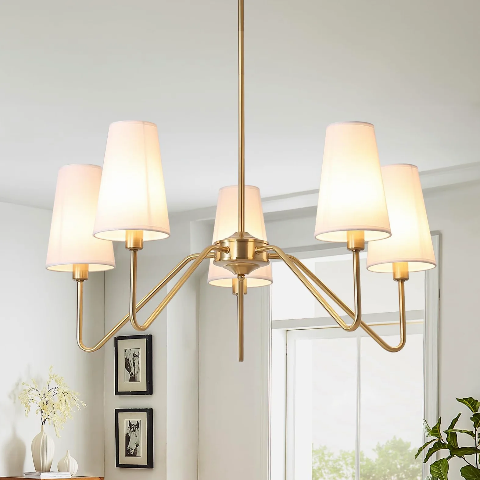 Lampadario Camera Da Letto 5 Luci Oro 76Cm E14 Classic Lineare 160W a Sospensione Con Paralume Bianca Di Lino Per Soggiorno, Cameretta, Cucina