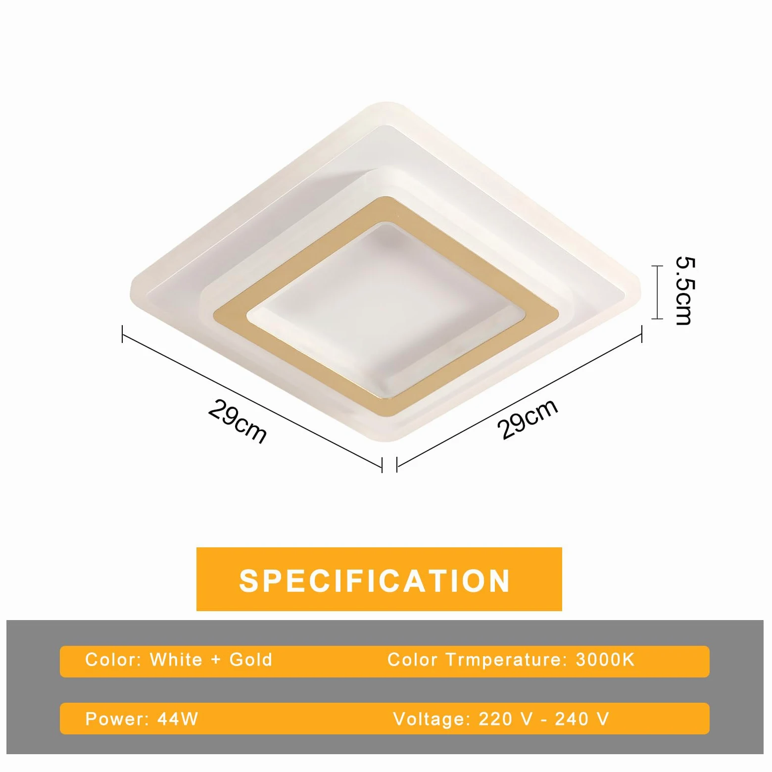 Goeco Plafoniera LED Soffitto Moderna Oro, 44W Lampada da soffitto Quadrata, 3000K Bianca Caldo Plafoniera in Acrilico per Soggiorno, Camera da Letto, Cucina, Corridoio, 29CM