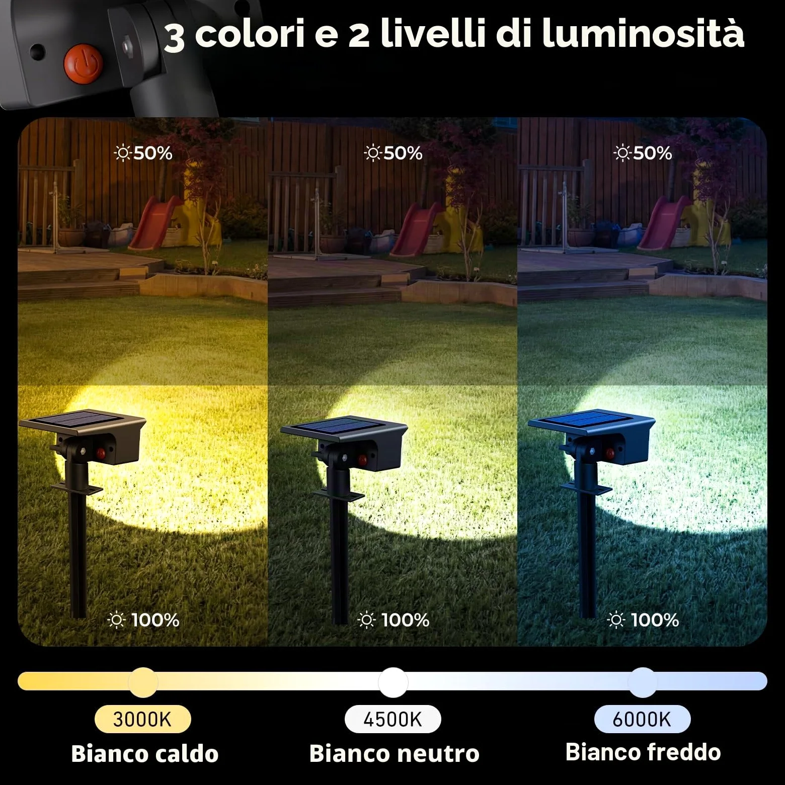 btfarm 6 Pezzi Faretti Solari a LED da Esterno, 3000K/4500K/6000K Luci Solari da Giardino IP65 Impermeabile, 2 Livelli di Luminosità Lampade Luce Solare Potenti per Cortile Vialetto Garage Prato