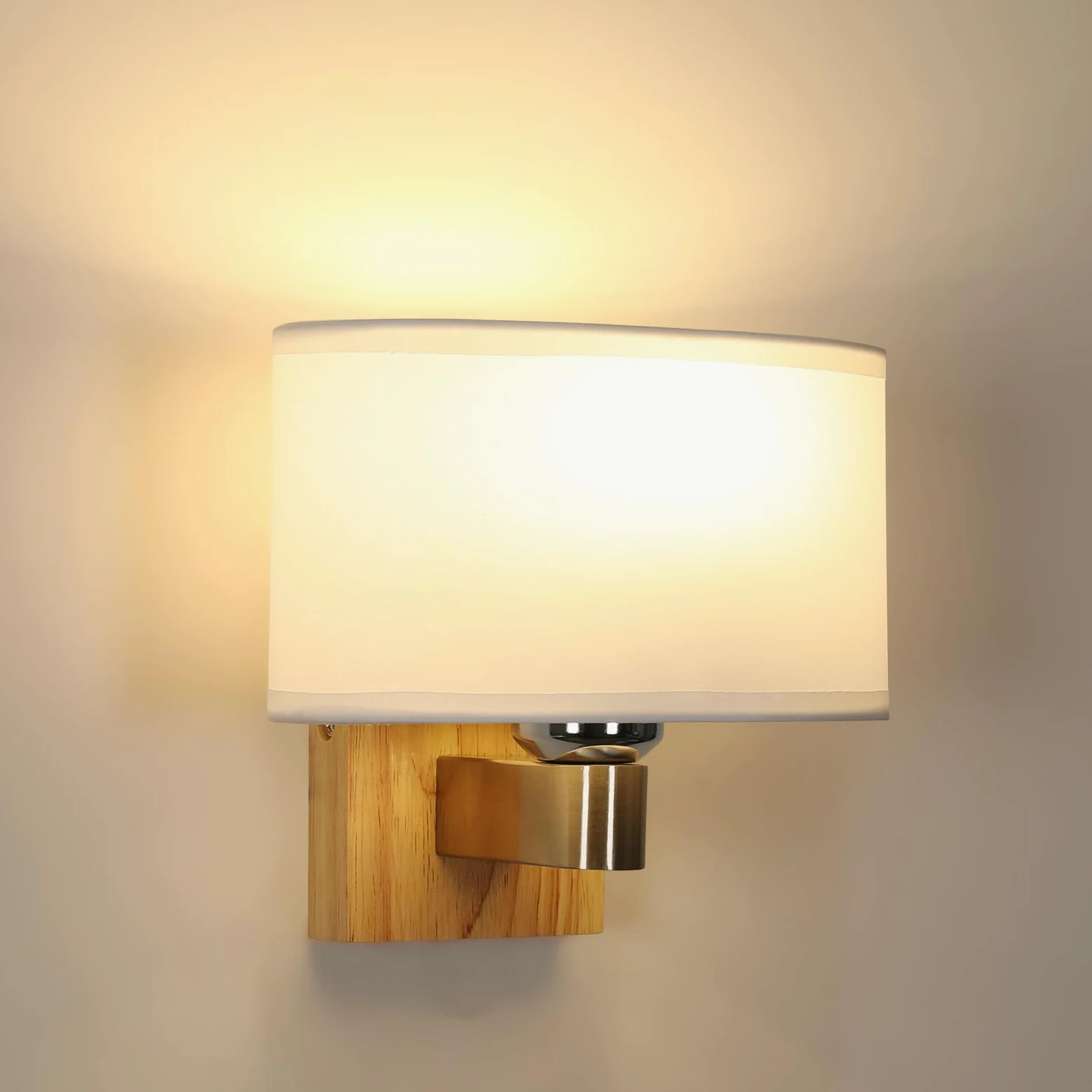 E27 Applique da Parete Interno Legno con Ovale Paralume di Tessuto