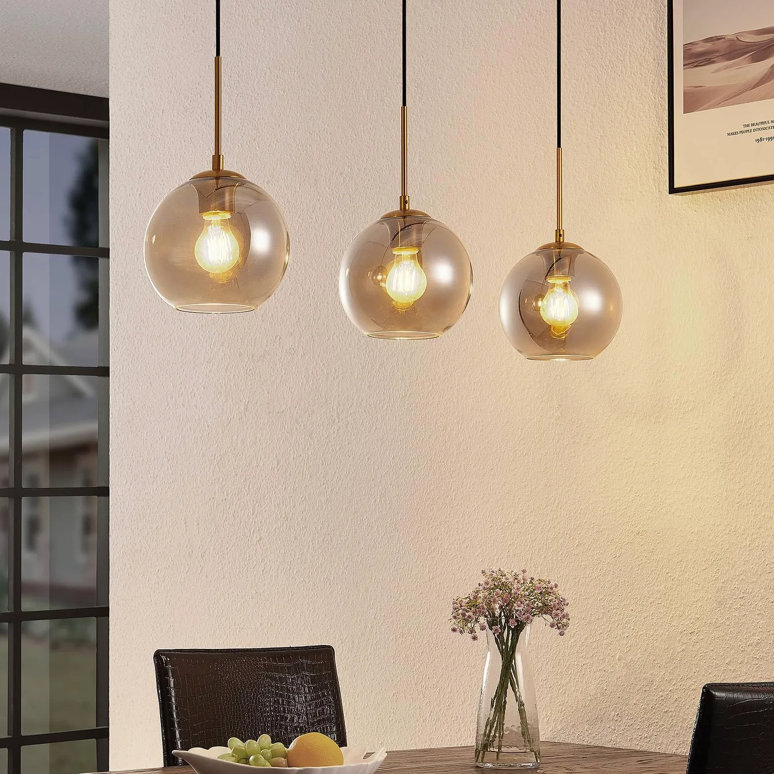 Lindby Lampadario a Sospensione Moderno 3 Sfere in Vetro Fumè, Luci E27 Sospeso Bolle per Cucina Sala da Pranzo Soggiorno Tavolo Ristorante Metallo 110 cm