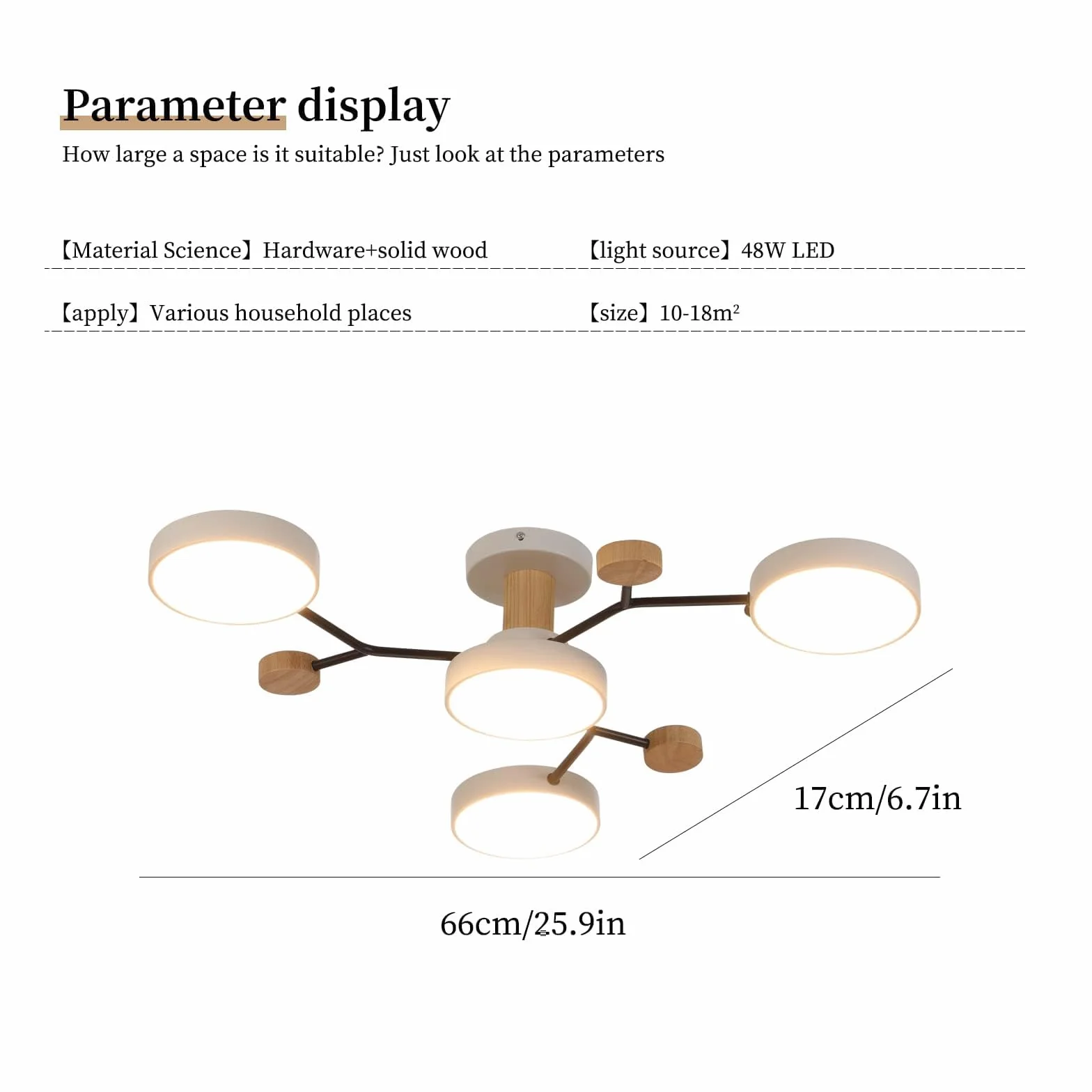 4 teste LED soffitto, 36W bianco neutro 4500K, legno Decor soffitto lampadario Ø66cm per soggiorno cucina sala da pranzo casa ufficio camera dei bambini