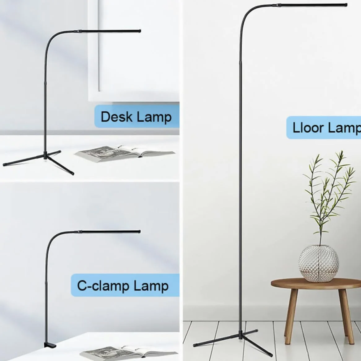 Luxshiny Lampada da Lettura LED da Terra Dimmerabile con Clip Nero | Braccio Flessibile a Collo D’oca, Alimentazione Usb, Luce Antiriflesso, Alluminio e Ferro