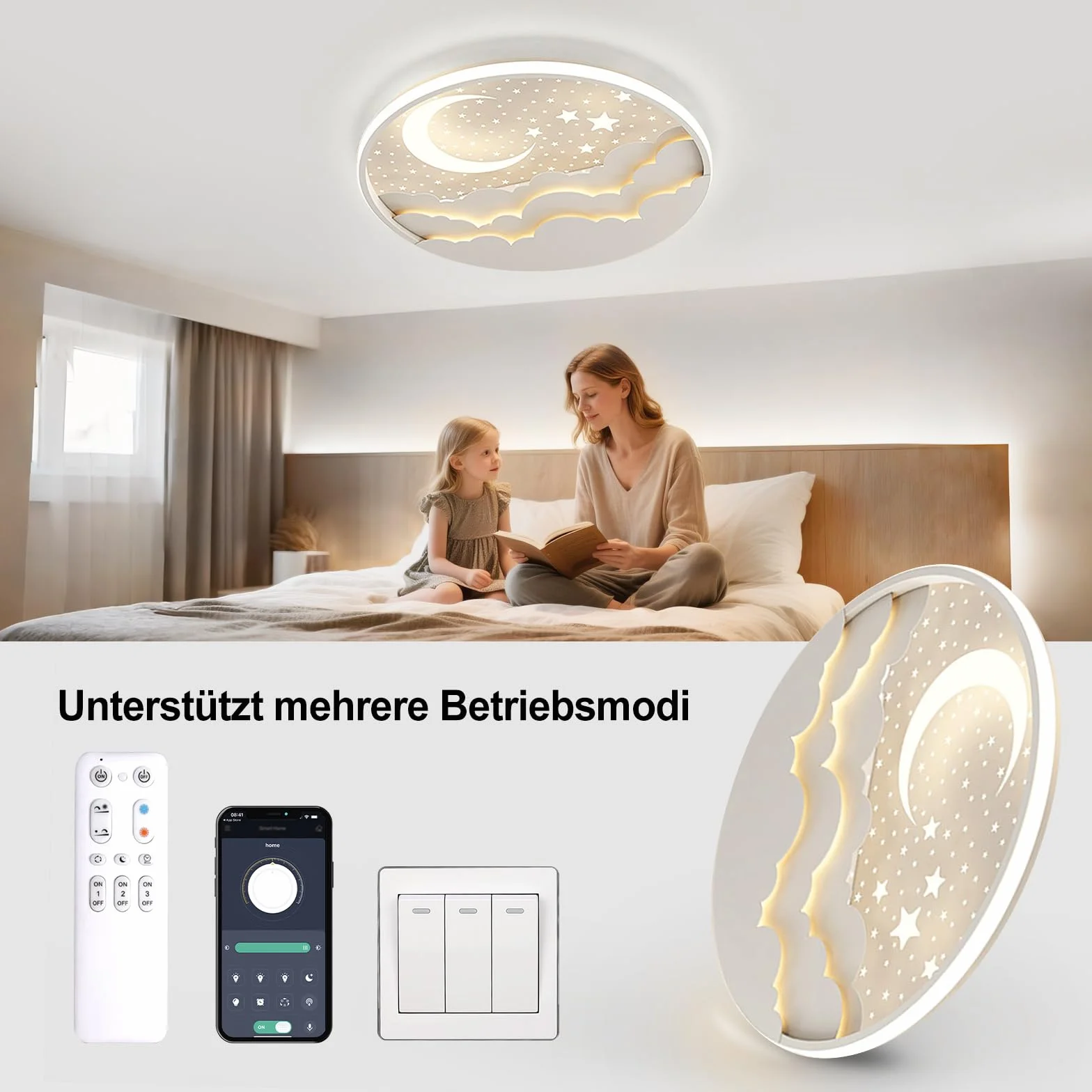 Lampada da soffitto a LED per bambini, 50cm Stella Luna Plafoniera Cameretta Bambini Dimmerabile con Telecomando APP, 3000-6000K, Per Ragazzi Ragazze Cameretta
