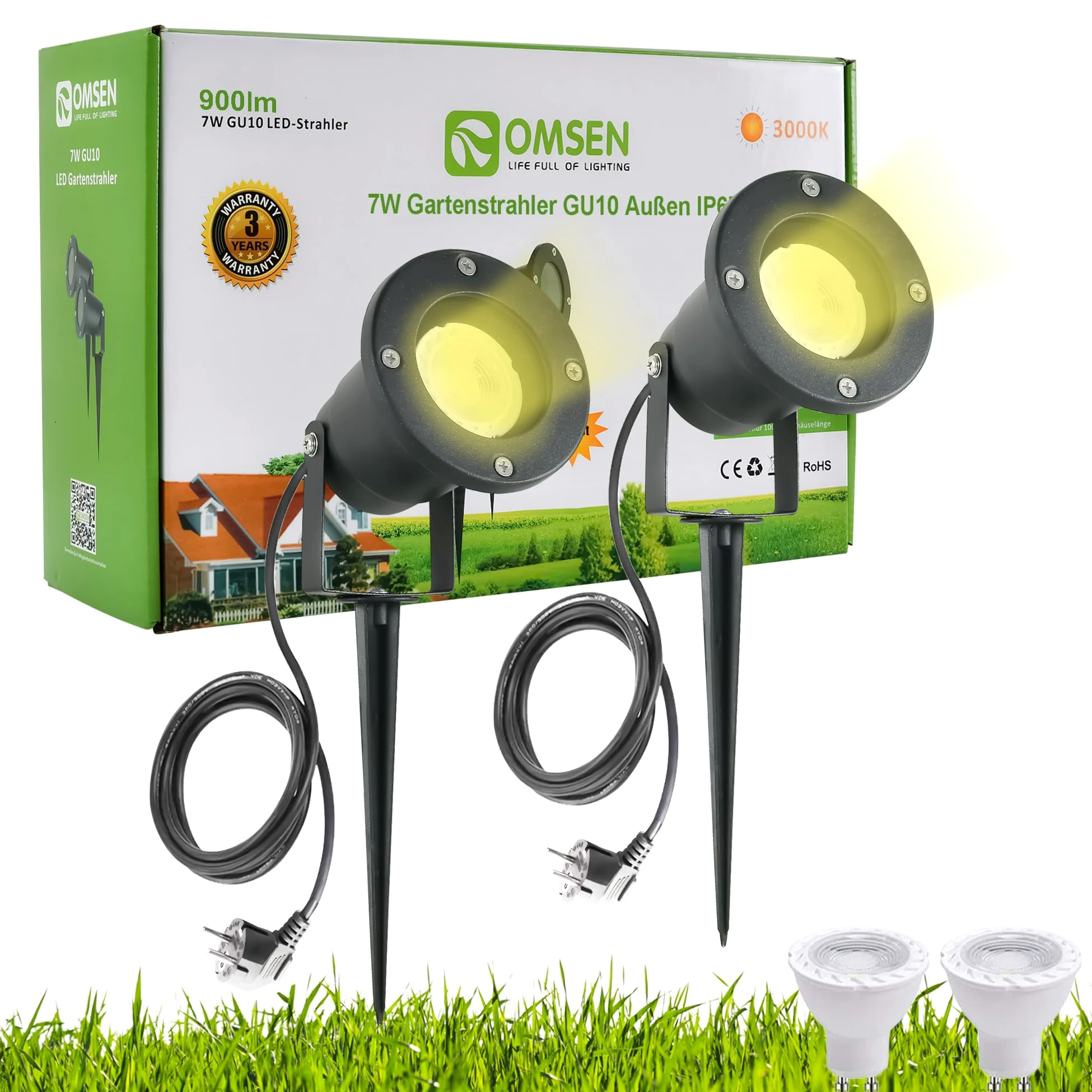 OMSEN Faretto LED da Giardino con Picchetto GU10, Luce Calda 3000K, Corpo in Alluminio Anticorrosione, Lampadina GU10 Sostituibile, Faretti da Esterno con Picchetto per Giardino, Prato, Albero