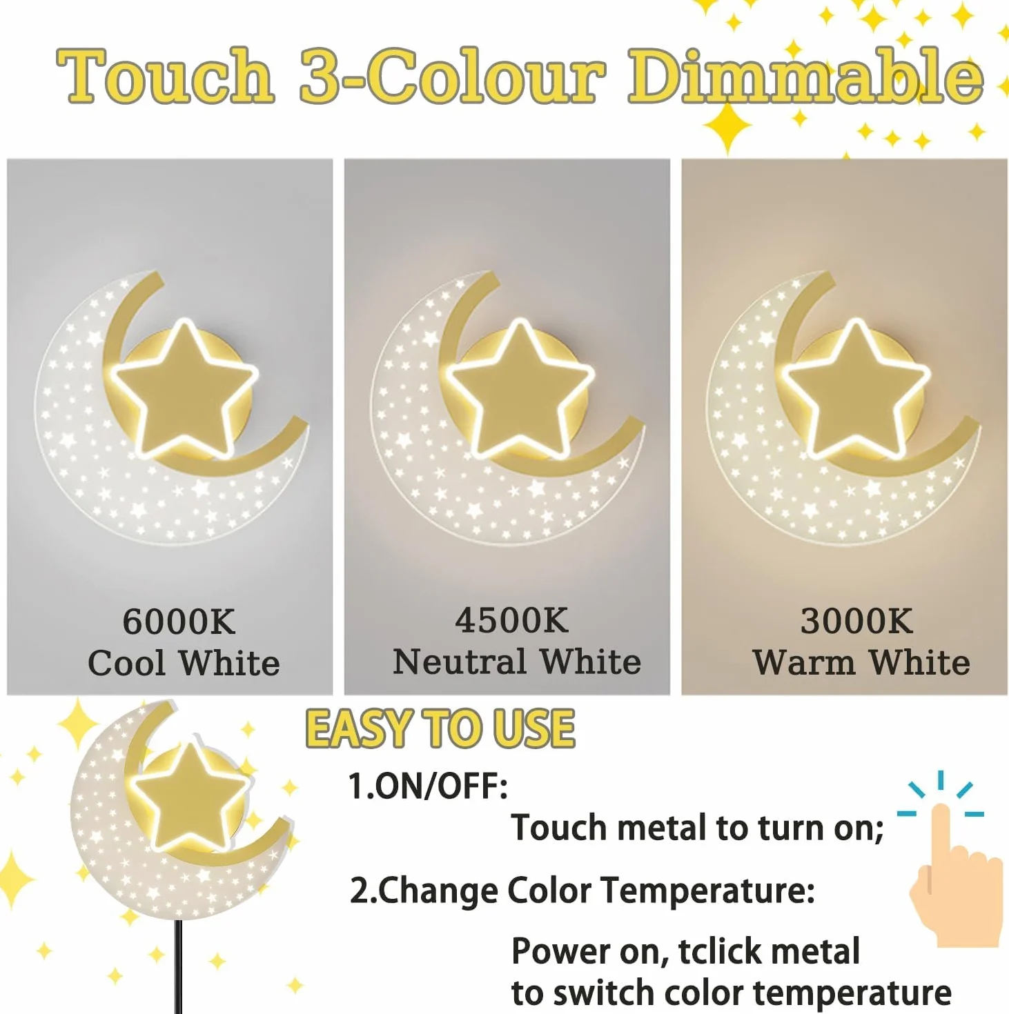 Applique da Parete per Bambini con Interruttore e Spina Dimmerabile LED Lampada da Parete Luna con Controllo Touch Ragazza ragazzo Lampada da Comodino per Camera da Letto Vivaio Stanza illuminazione