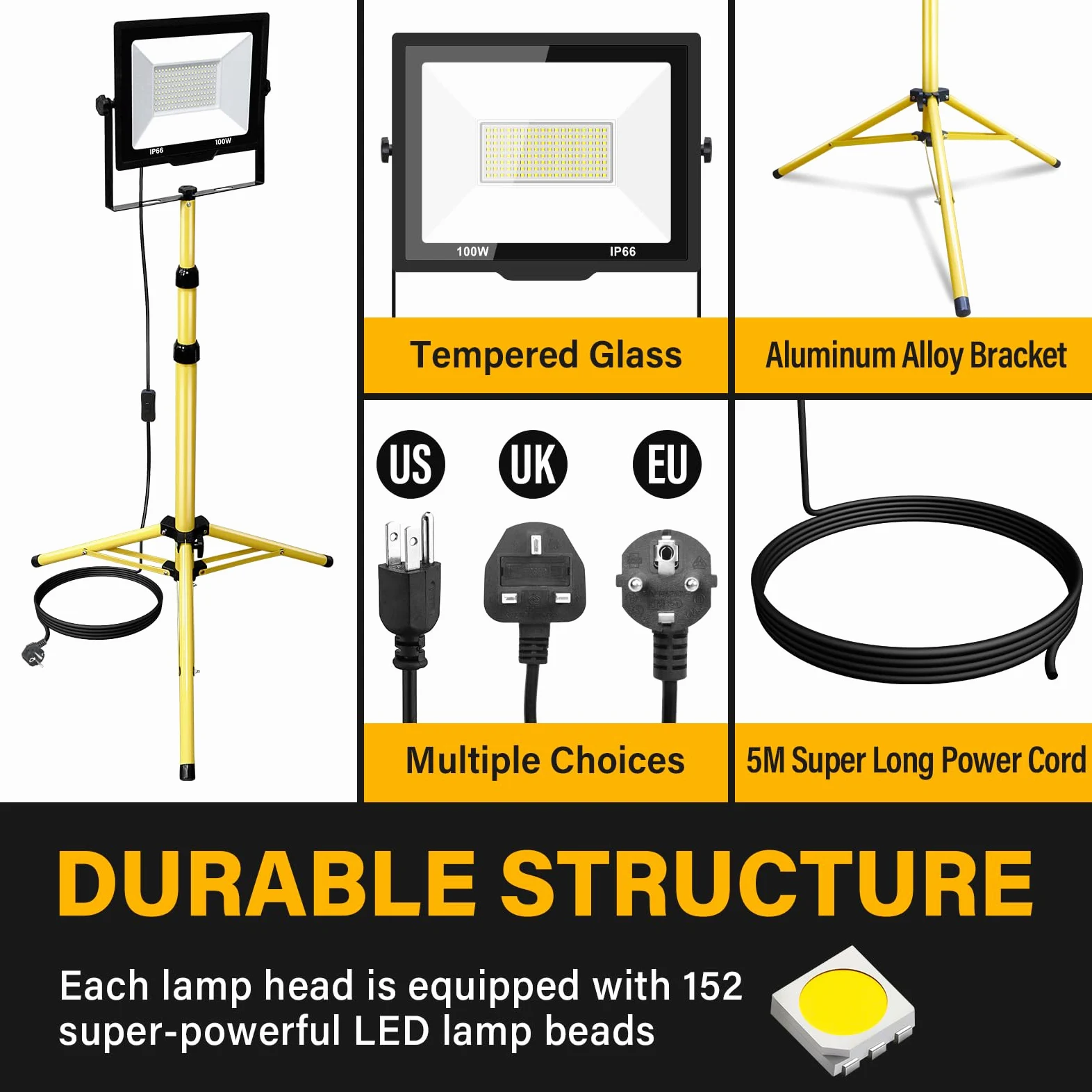 Willpower Treppiede Faretto da Cantiere 100W Faro da Lavoro LED Esterno | Faro LED 10,000LM, Con Spina, 6000K Bianco, Impermeabile IP65, Proiettore LED per Interni Officina Garage Industriale