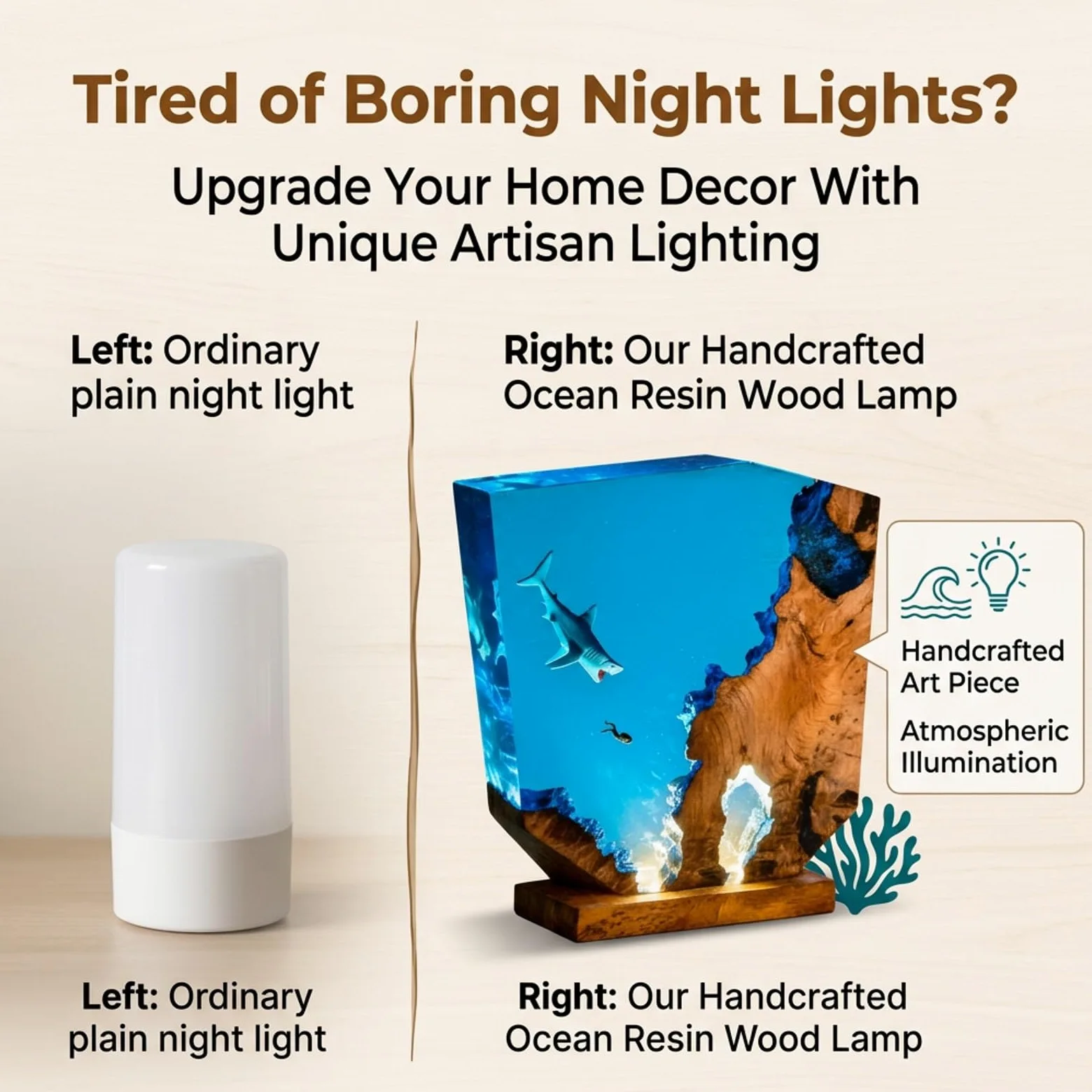 Lampada Resina Epossidica, Luce Notturna con Design Oceano 3D | Lampada LED artigianale in resina e legno per scrivania, comodino, camera e arredamento casa(15*13cm/5.9*5.1in)