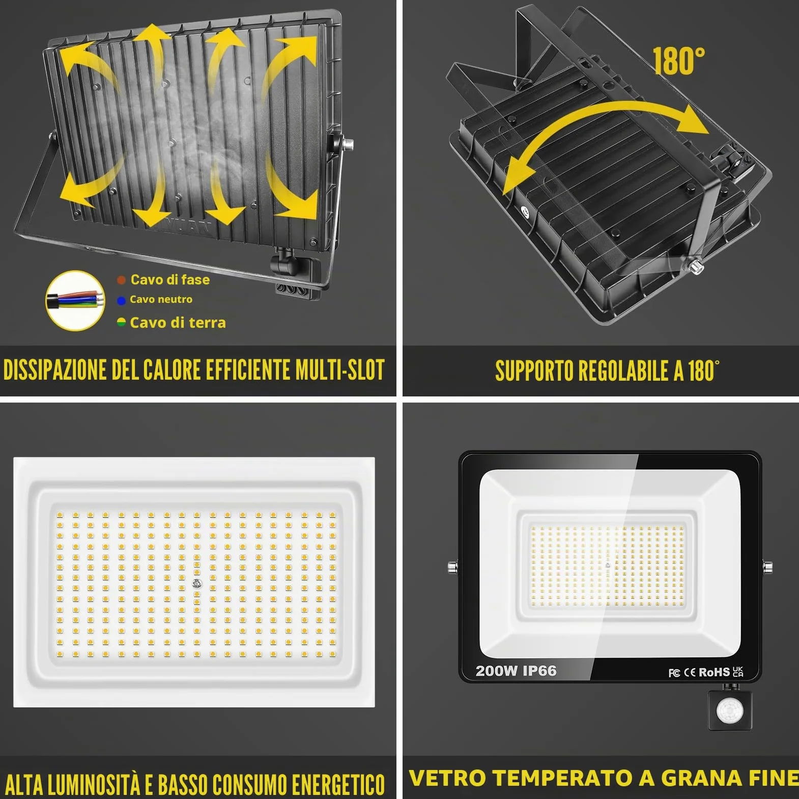 SKYWORLD 2 x Fari Led da Esterno con Sensore di Movimento, 200W 20000LM | Proiettori Faretto Led da Esterno, Luci di Sicurezza Faro per Giardino Garage Patio Terrazza Cortile, 3000K Bianco Caldo
