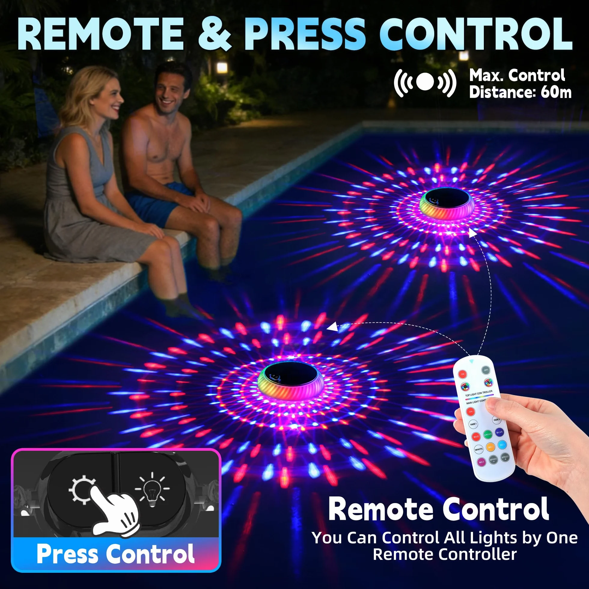 AearKing Luci Galleggianti per Piscina,Luce Piscina Solare con Telecomando,Luci Piscina RGB con Luminosi Dinamici,Luci Piscina IP68 Impermeabili,Luci Galleggianti LED per Piscina, Laghetti - 2 Pezzi