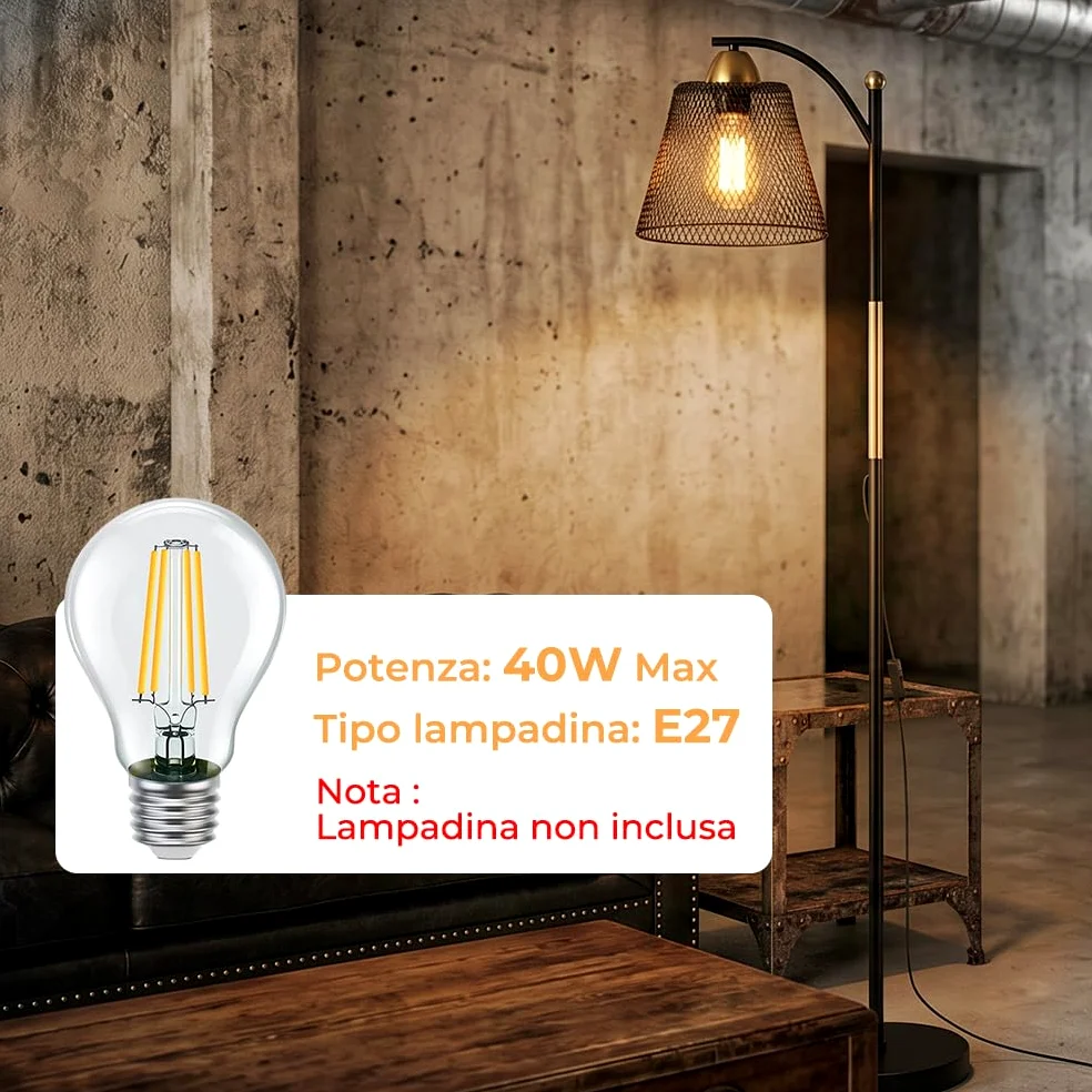OUSFOT Lampada da Terra E27 Portalampada 230V, Industriale Piantana 40W, Nero e Oro, Adatto per Uffici, Soggiorni e Camere da Letto (Senza lampadina)