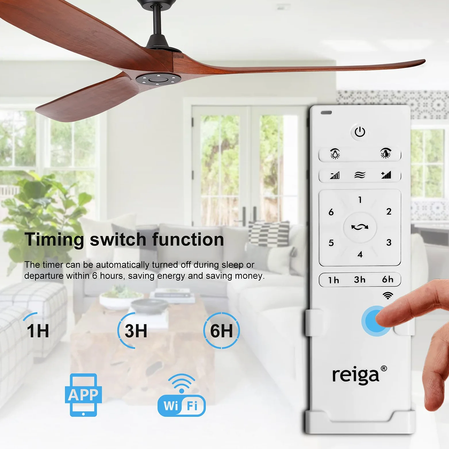 reiga 178 cm grande ventilatore da soffitto in legno intelligente senza luce, 3 pale per interni ed esterni, alta velocità d'aria, motore silenzioso, telecomando per soggiorno, veranda e portico
